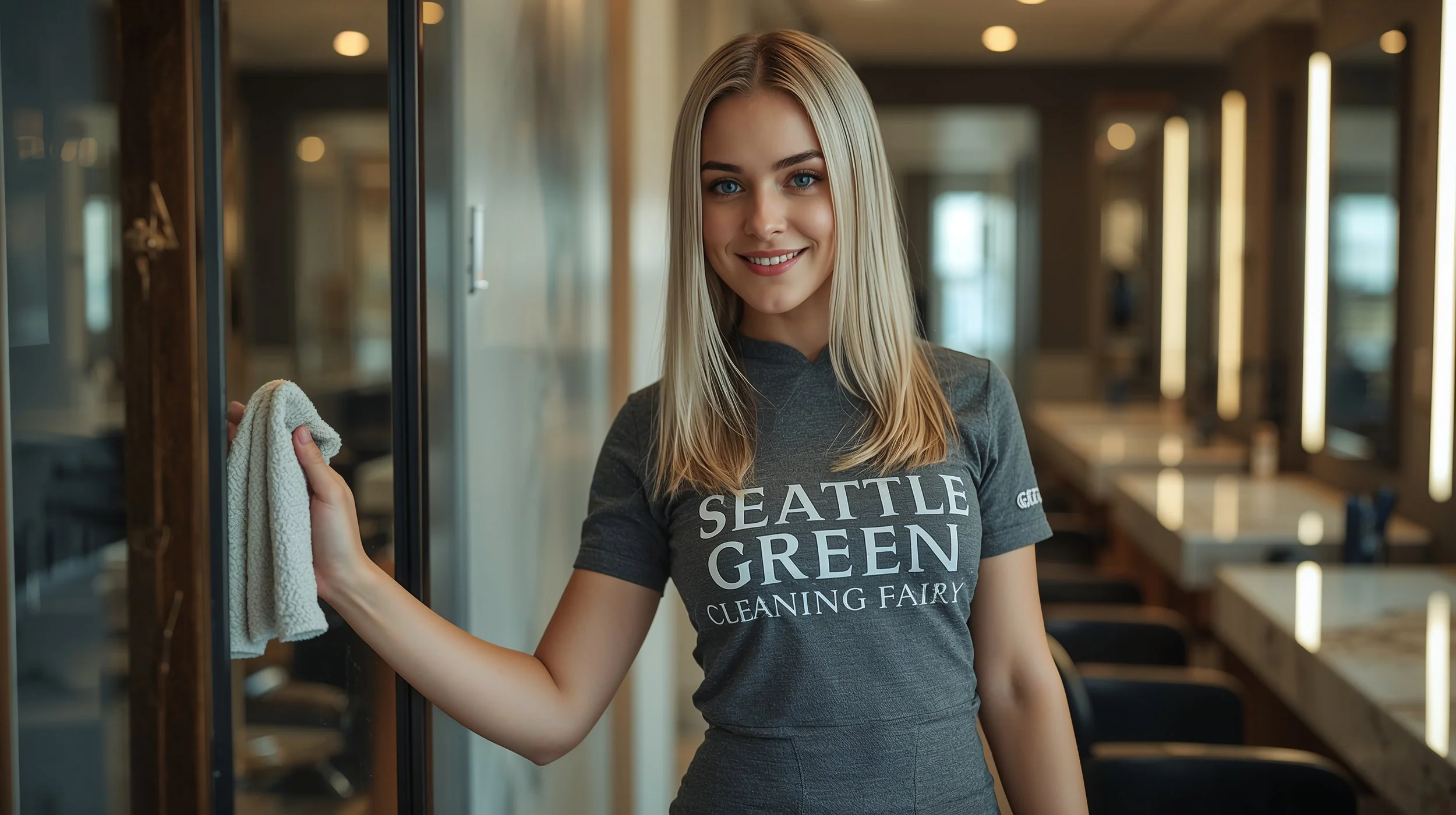 Professional female cleaner polishing salon mirror inside upscale Seattle hair studio