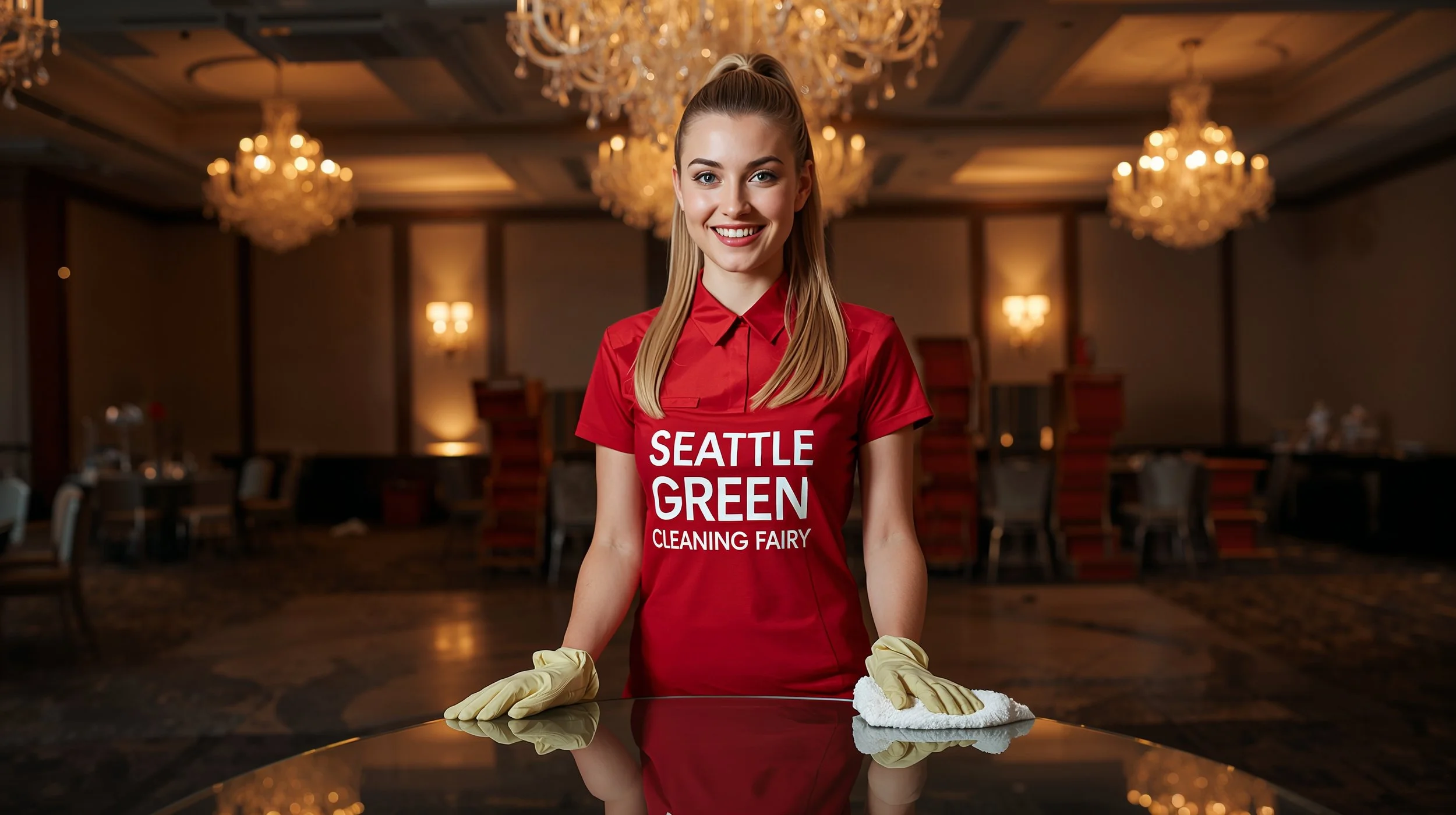 Professional event cleaner in red uniform polishing banquet table inside Seattle wedding ballroom after reception cleanup
