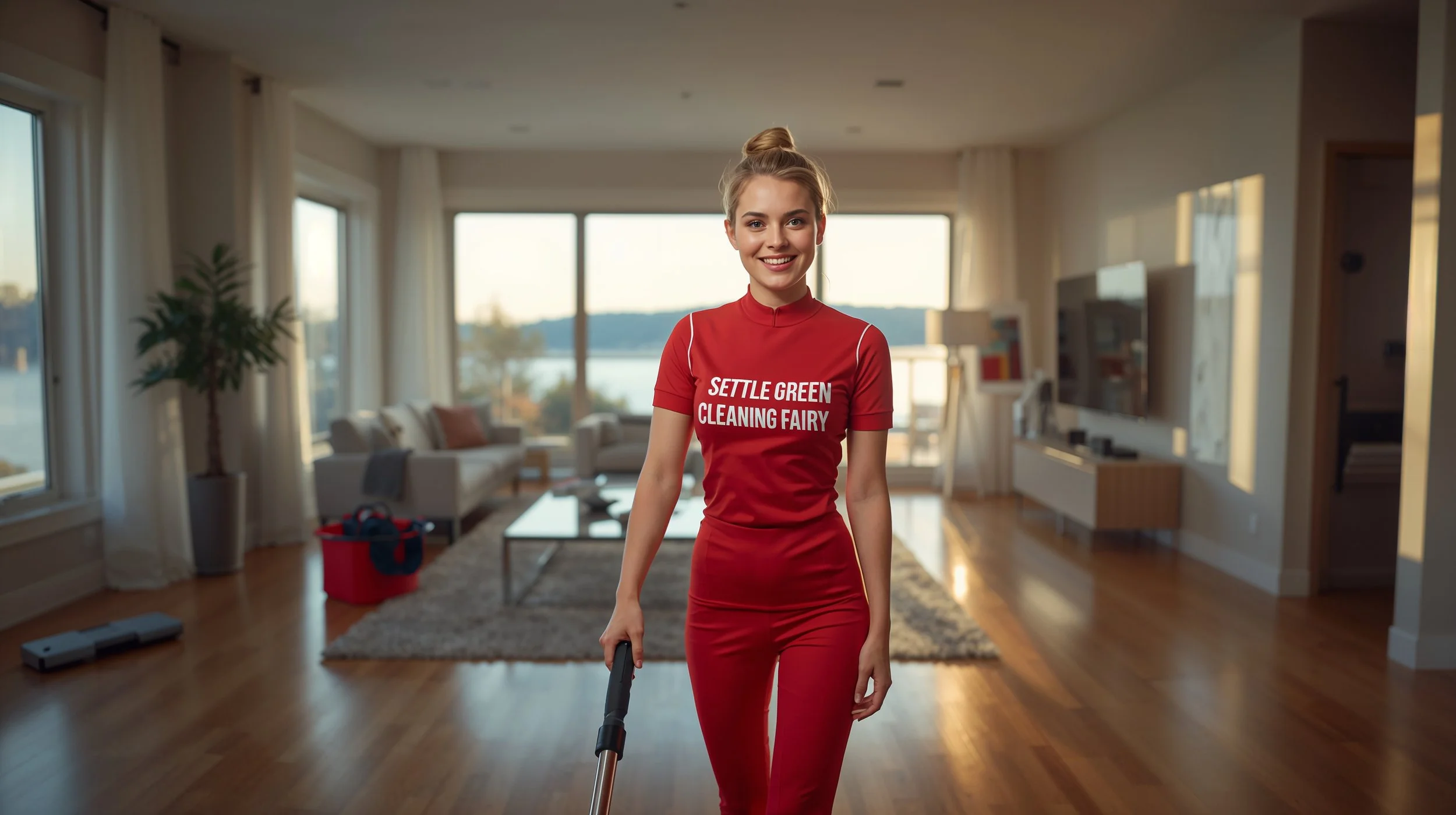 Joyful young Scandinavian cleaning professional from Seattle Green Cleaning Fairy vacuuming a sparkling luxury living room in Windermere, Seattle WA