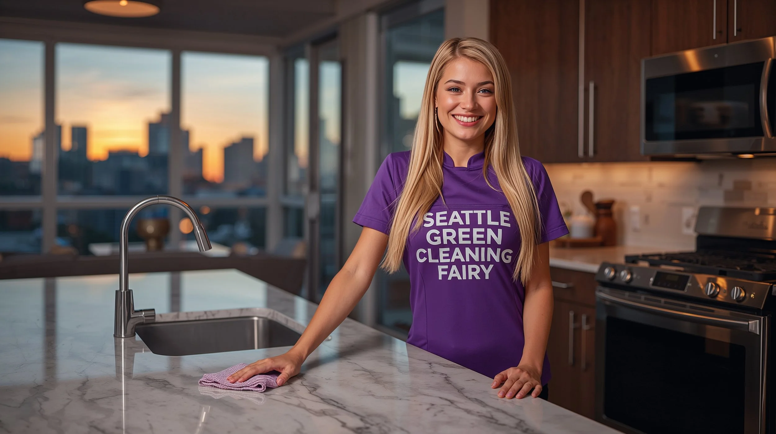 Professional apartment cleaner polishing marble kitchen island in upscale Bellevue high-rise with skyline view