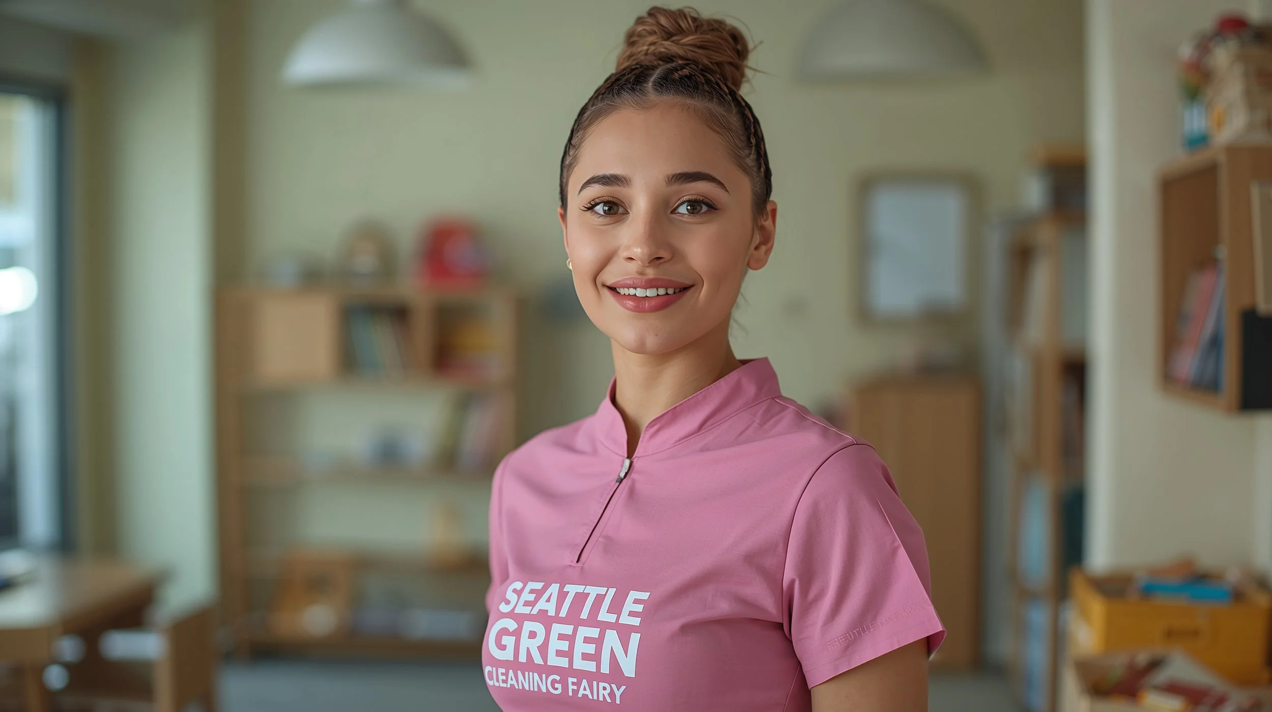 Professional cleaner detailing toy shelves in a Seattle daycare