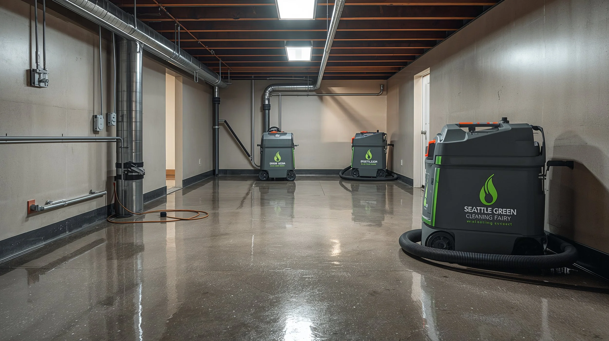 Completed basement flood cleaning service in Seattle with fully restored dry interior.