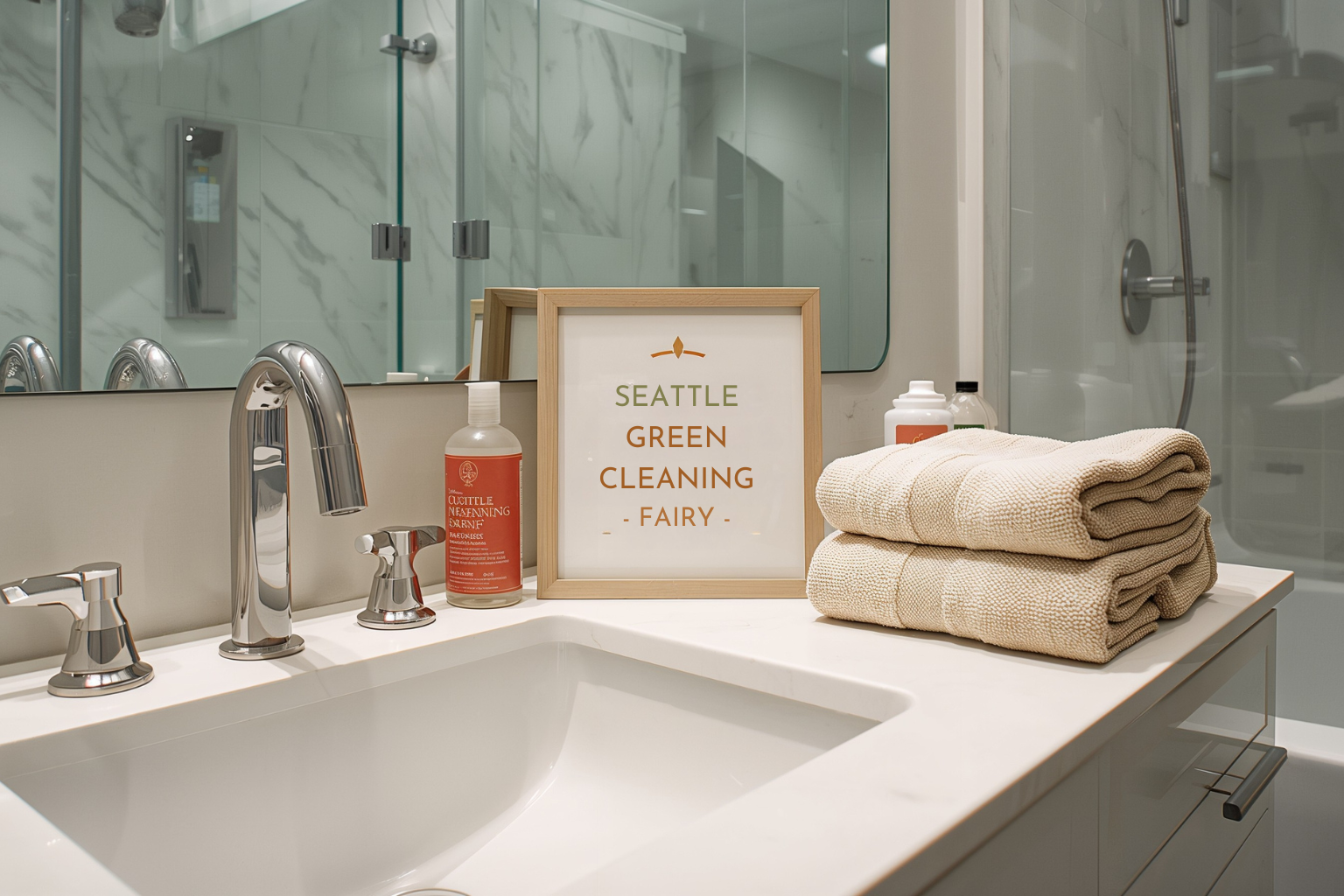 Spotless bathroom with Seattle Green Cleaning Fairy logo and supplies in freshly cleaned Capitol Hill home