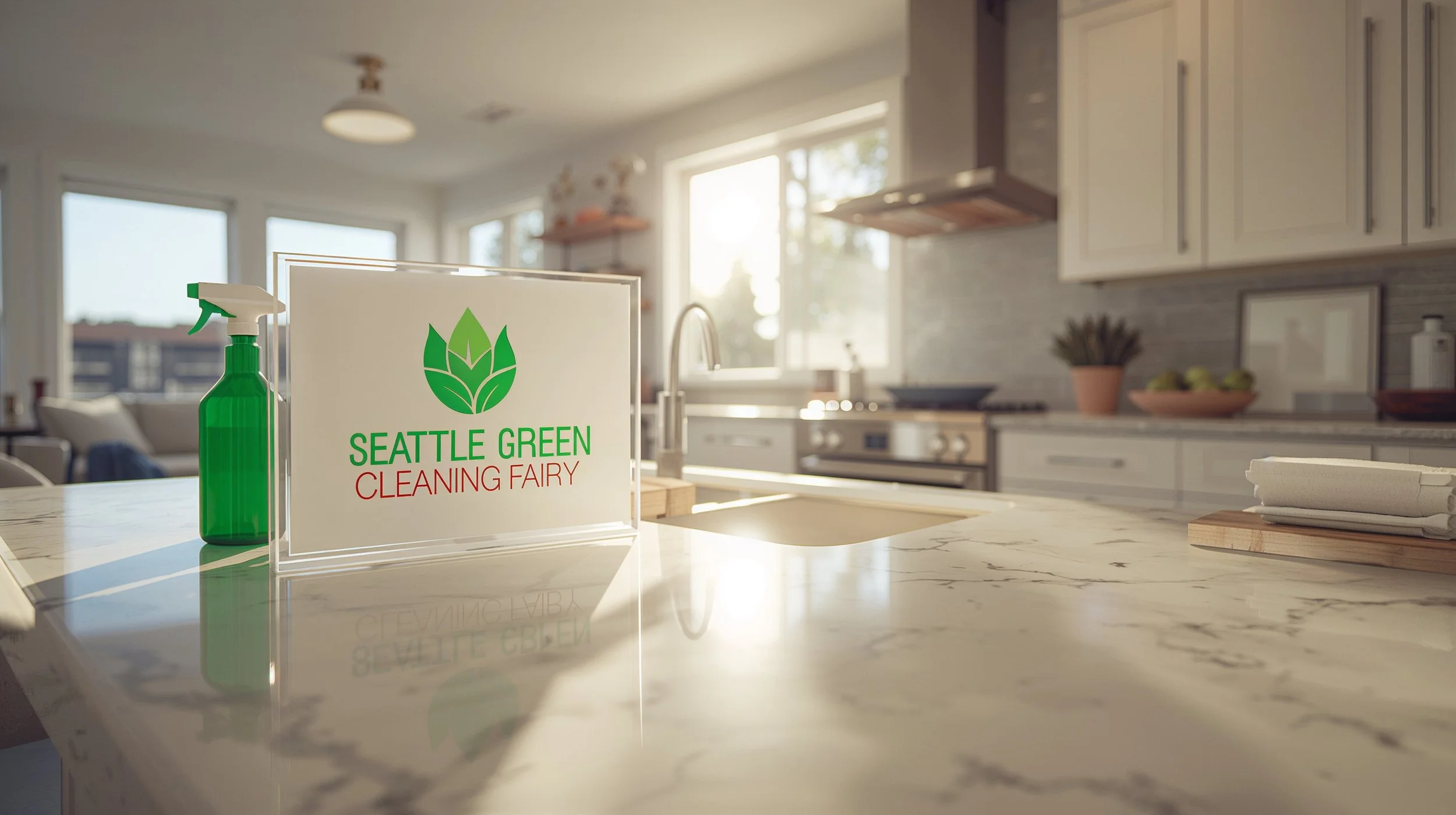 Spotless kitchen with Seattle Green Cleaning Fairy logo and supplies in freshly cleaned Bryant Seattle home