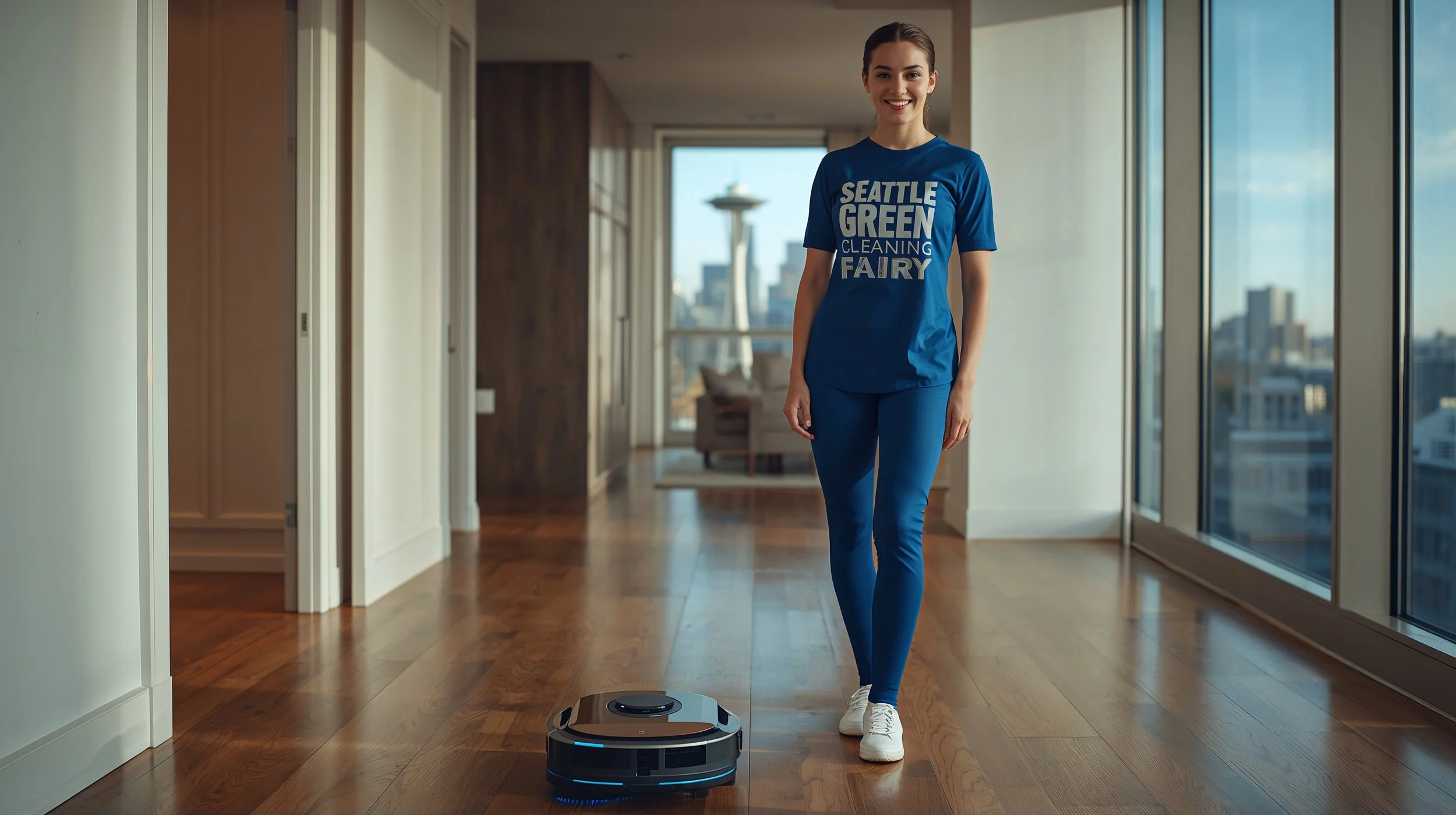 Professional cleaning robot supervised by a smiling uniformed cleaner in a Seattle condo