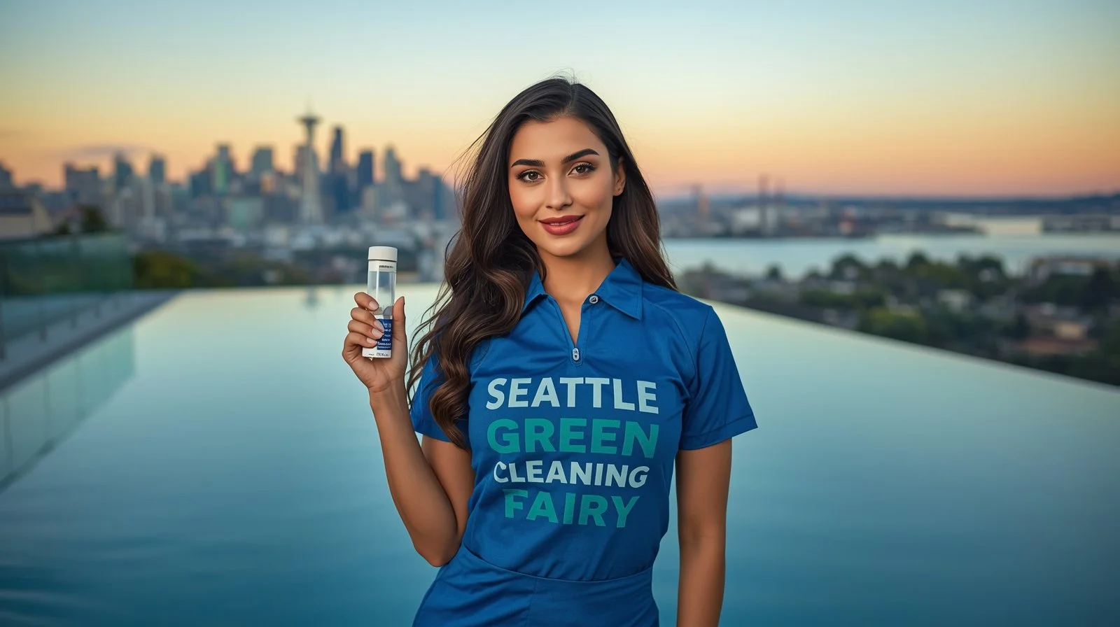 Pool cleaning technician testing water quality at a luxury infinity pool in Seattle.