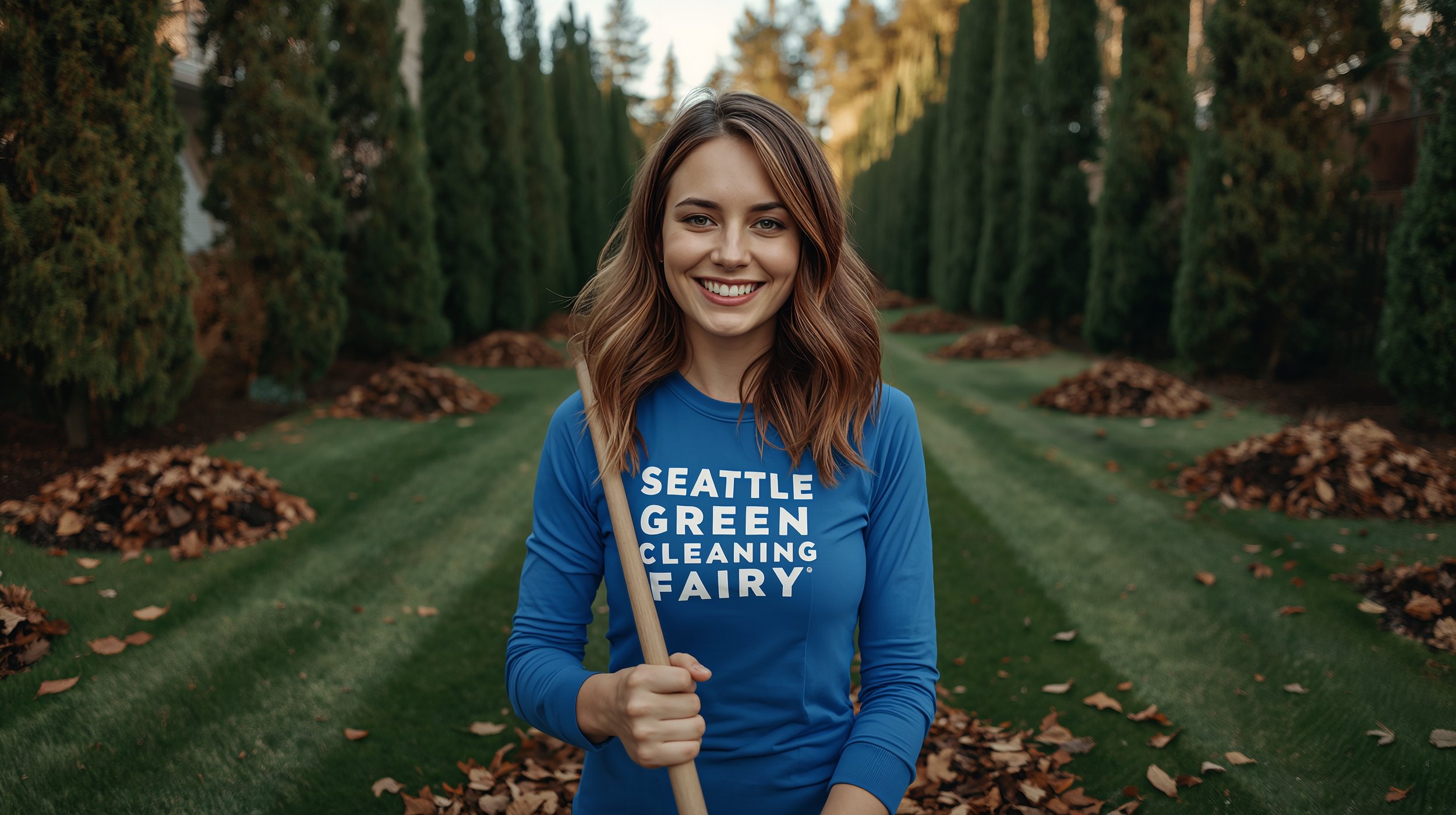 Happy female yard cleaner raking leaves in a high-end Seattle residential lawn wearing branded blue uniform