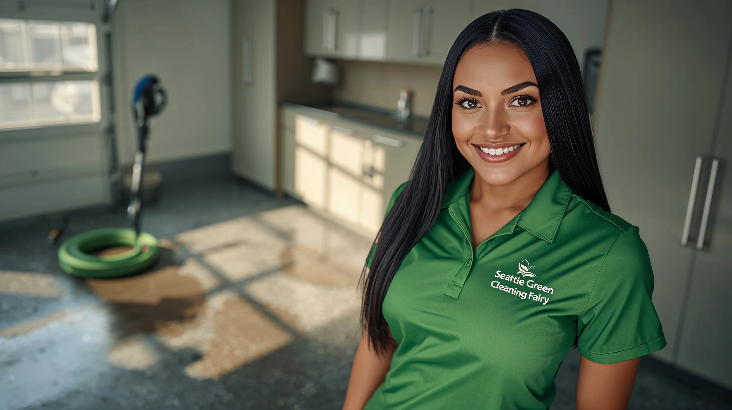 Young female technician in green uniform after pressure washing a Seattle garage floor.