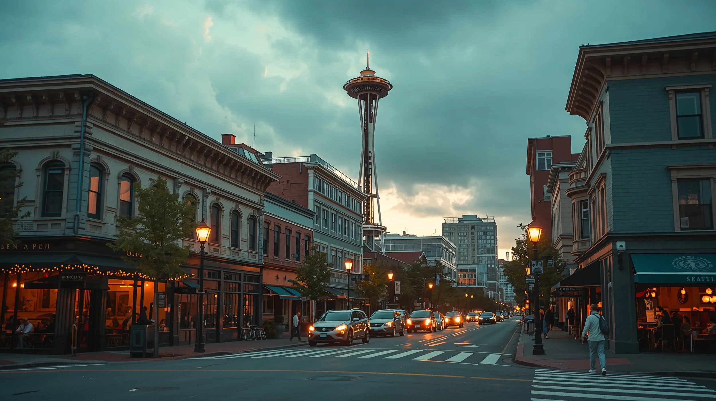 People walking in Lower Queen Anne Seattle near Space Needle
