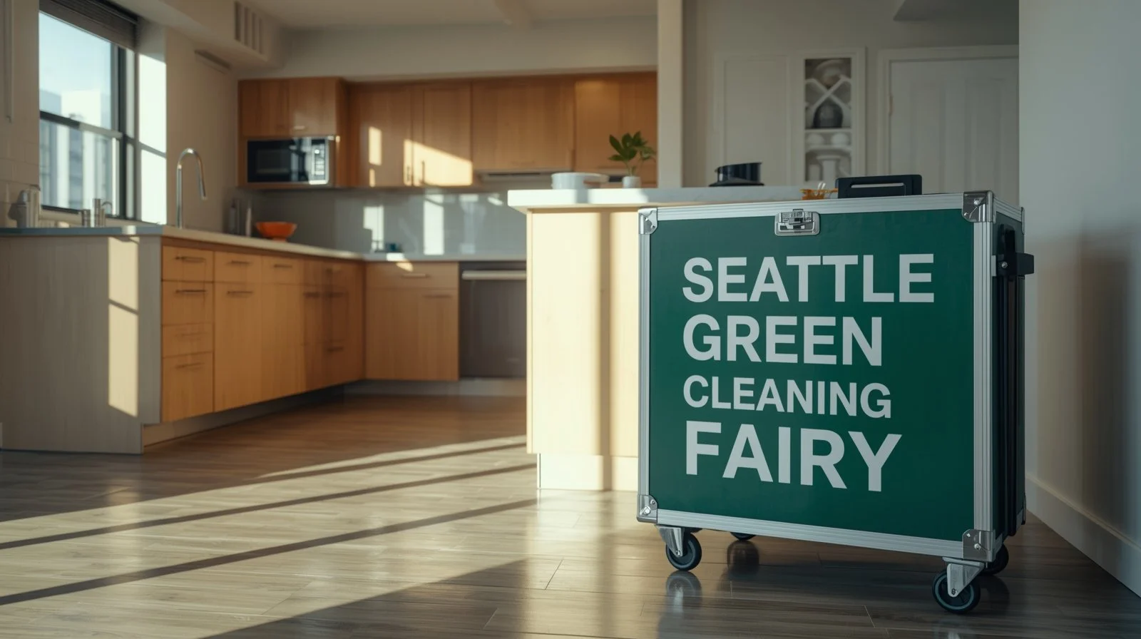 Spotless modern condo kitchen in Seattle with visible cleaning service branding