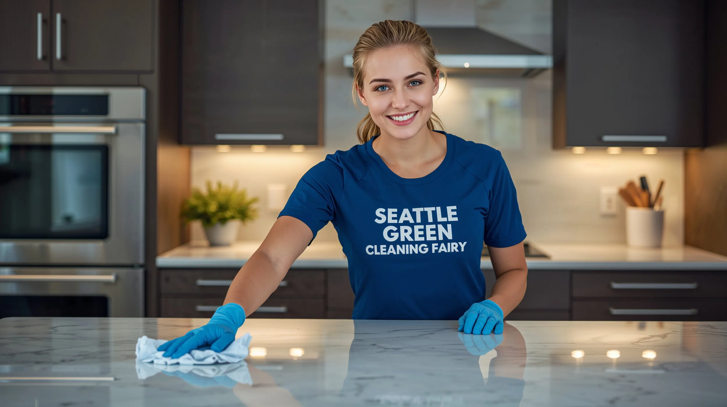 Young professional cleaner wiping a luxury kitchen island in Bellevue while smiling at the camera in a blue SEATTLE GREEN CLEANING FAIRY uniform.