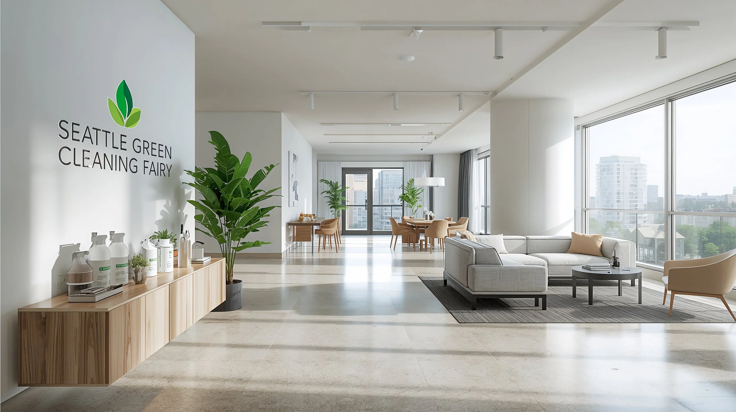 Freshly cleaned amenity lounge in South Lake Union Seattle with Seattle Green Cleaning Fairy branding