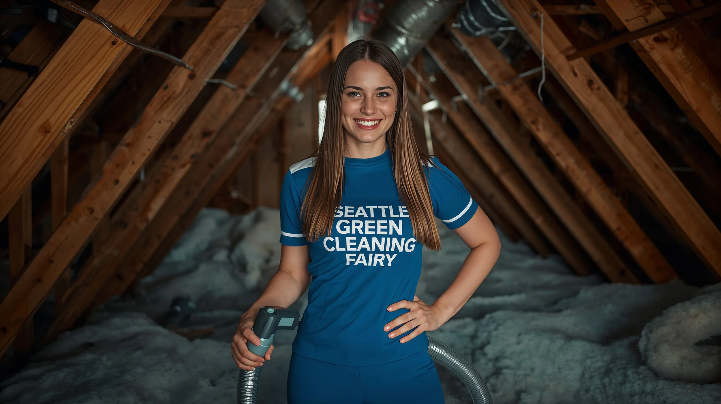 Professional attic cleaning service in Seattle featuring a uniformed technician performing detailed vacuum removal inside a residential attic.