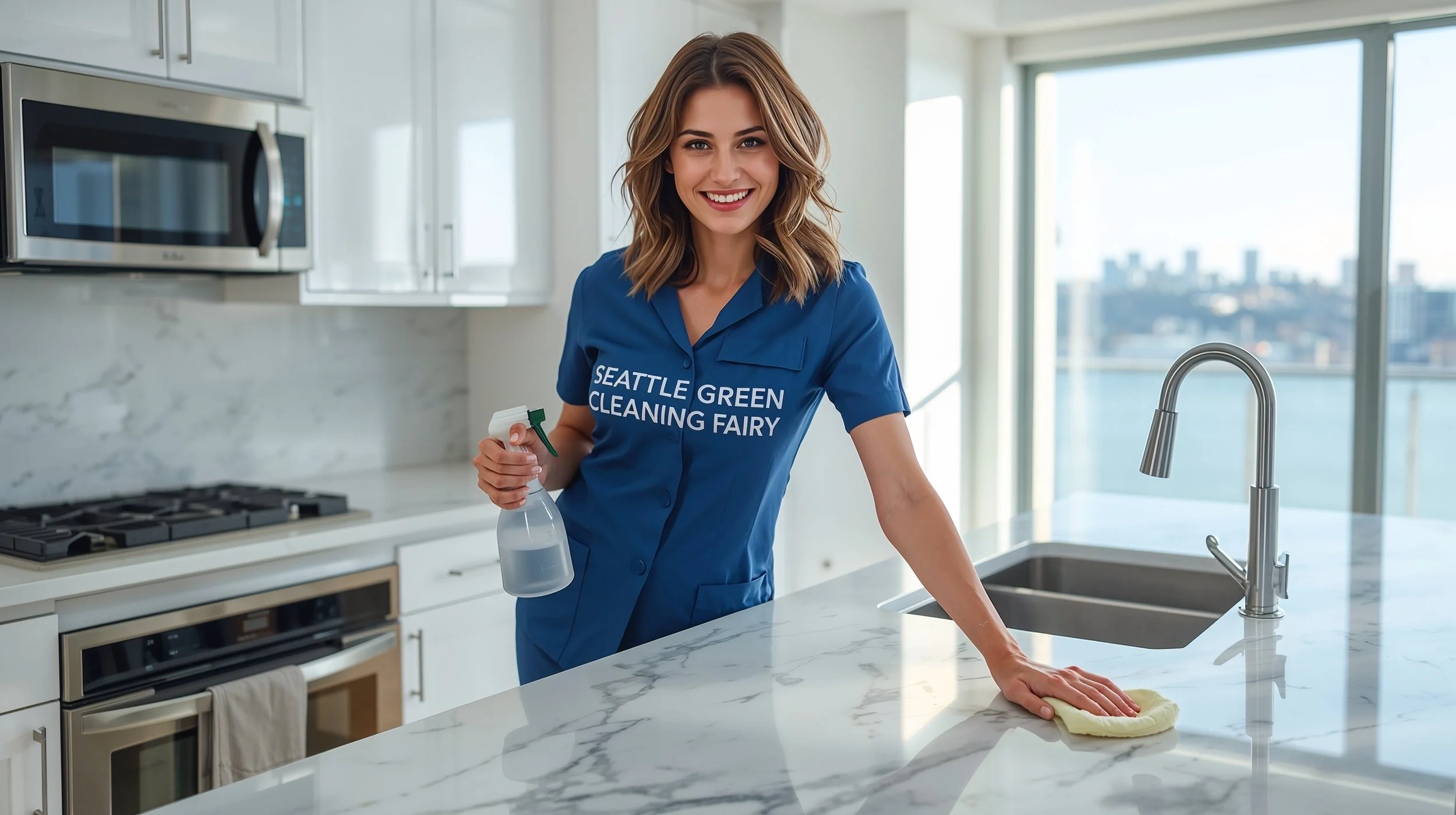 Young professional cleaner polishing marble kitchen island in upscale Seattle condo