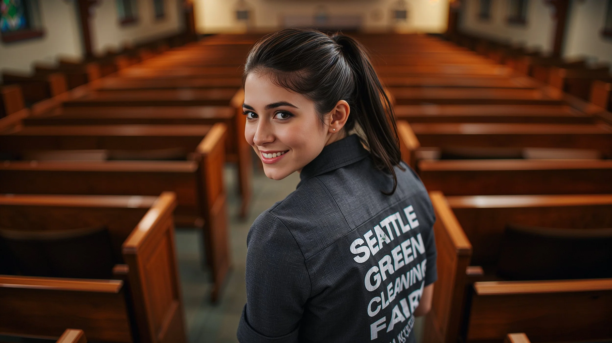 Professional cleaning of church choir seating area in Seattle with visible branding