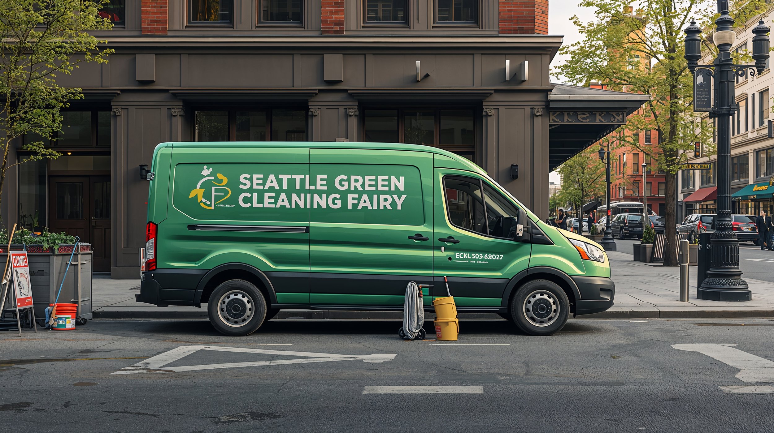 Branded cleaning service vehicle with supplies on Belltown Seattle sidewalk