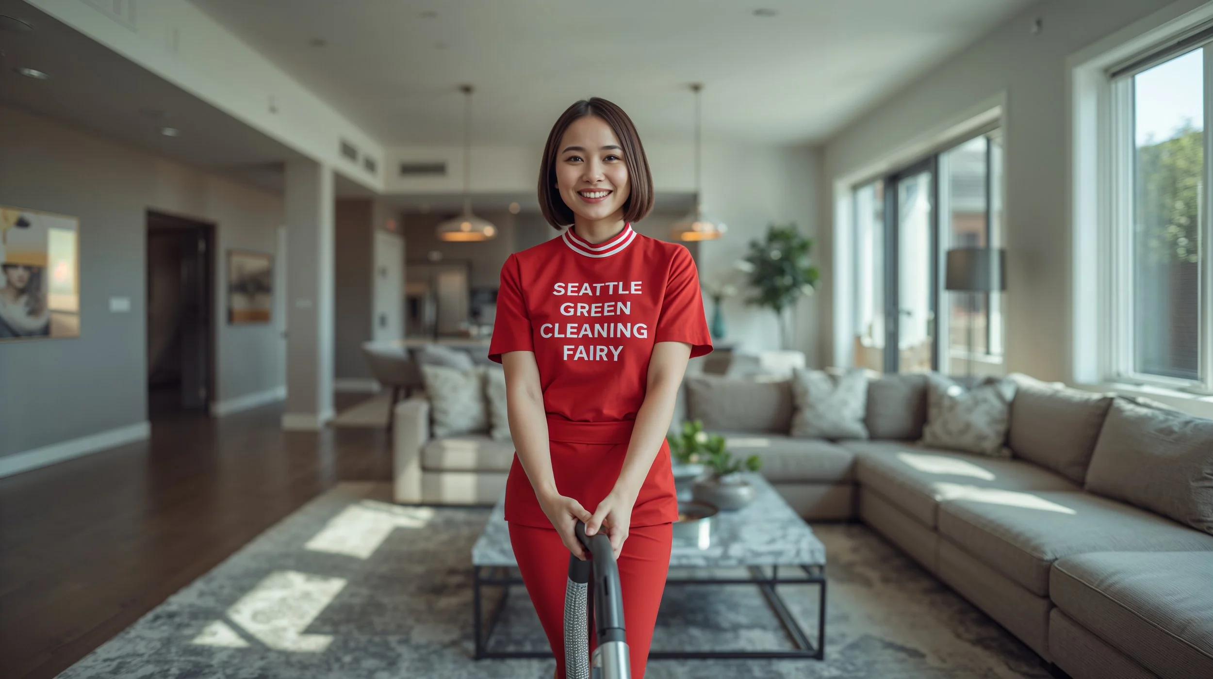 Professional Airbnb cleaner vacuuming modern Bellevue living room in red branded uniform.