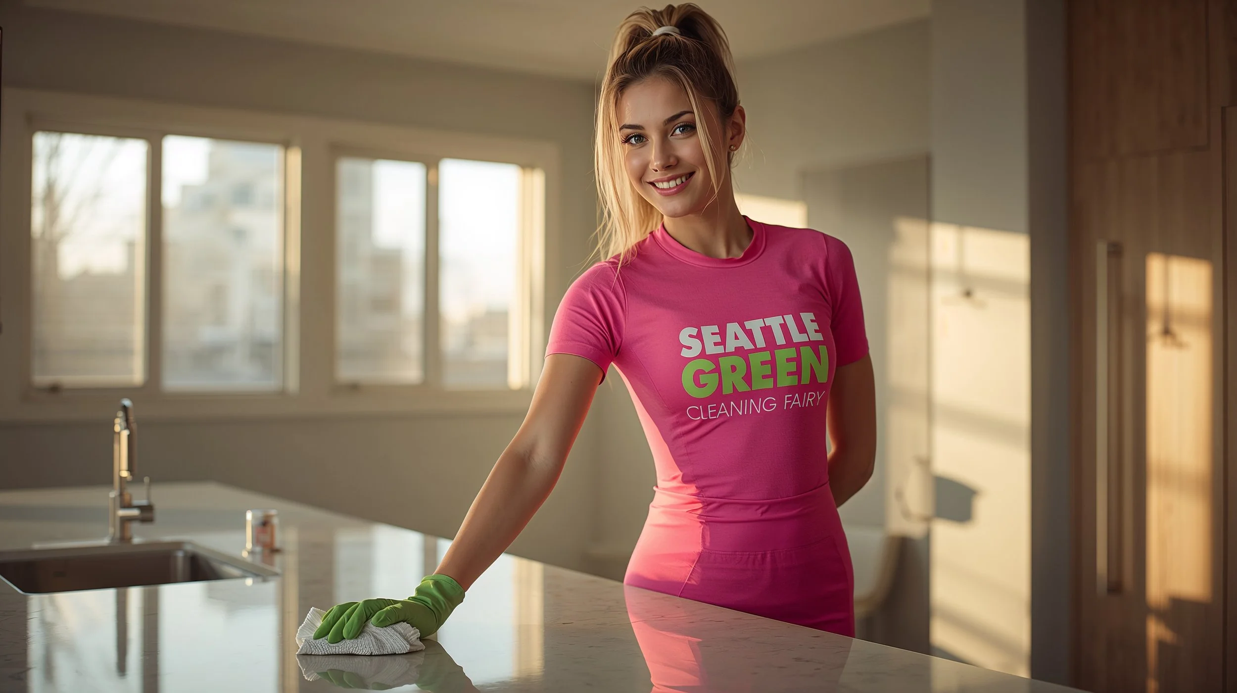 Joyful Czech cleaner in pink Seattle Green Cleaning Fairy uniform wiping gleaming kitchen in Central District home