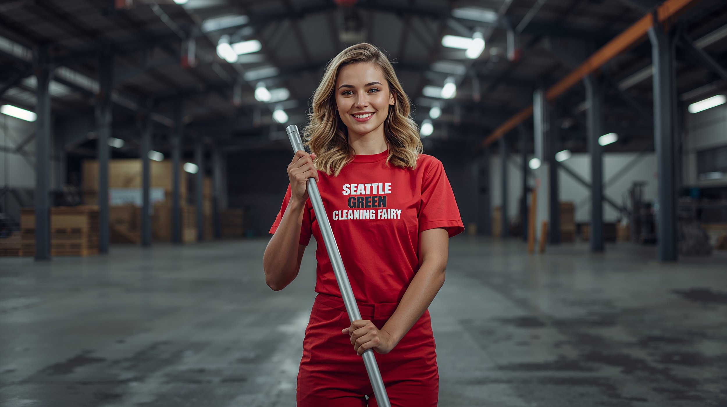 Industrial cleaning professional mopping concrete warehouse floor in Seattle.