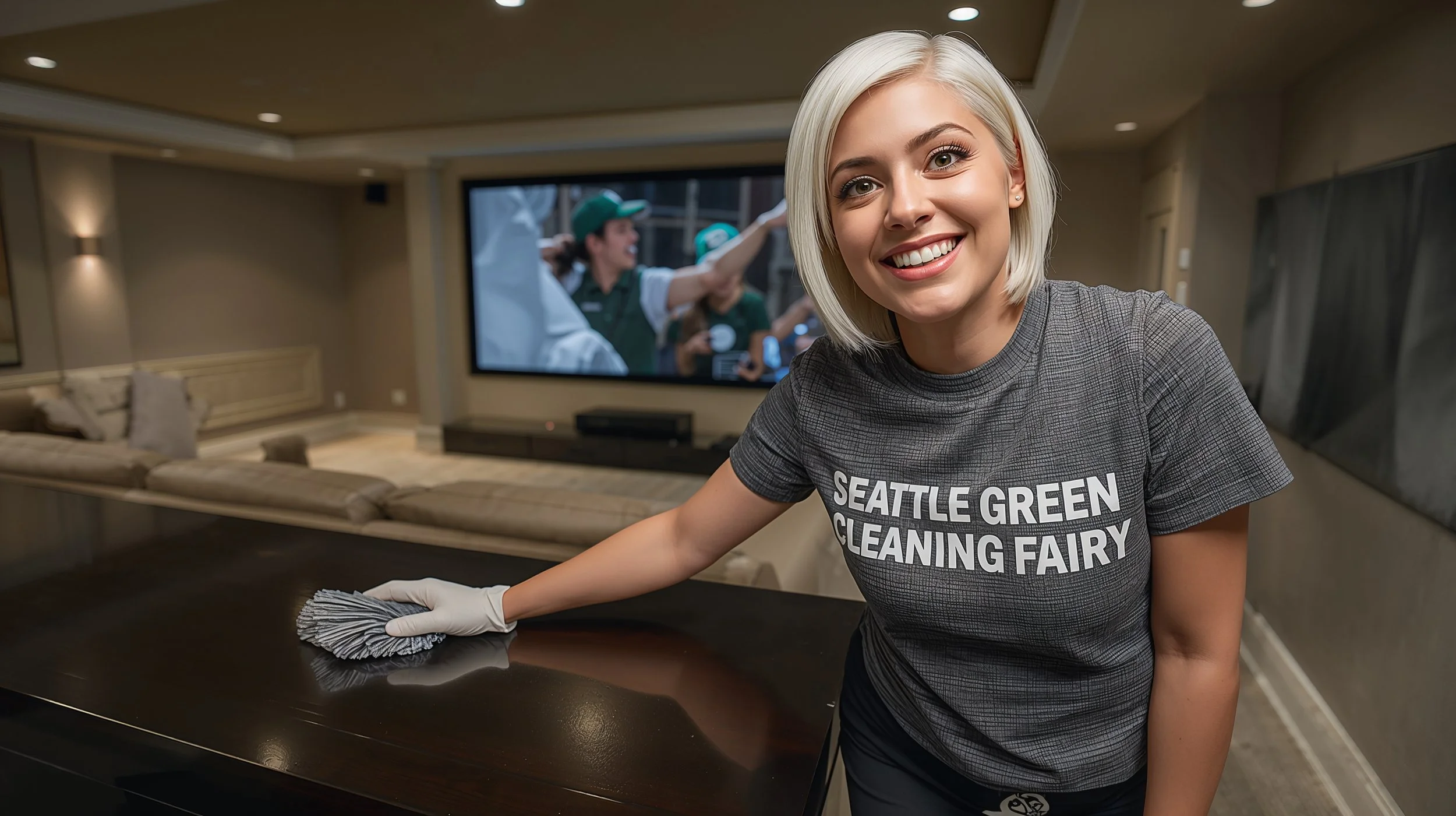 Professional cleaner dusting media console in Bellevue basement home theater