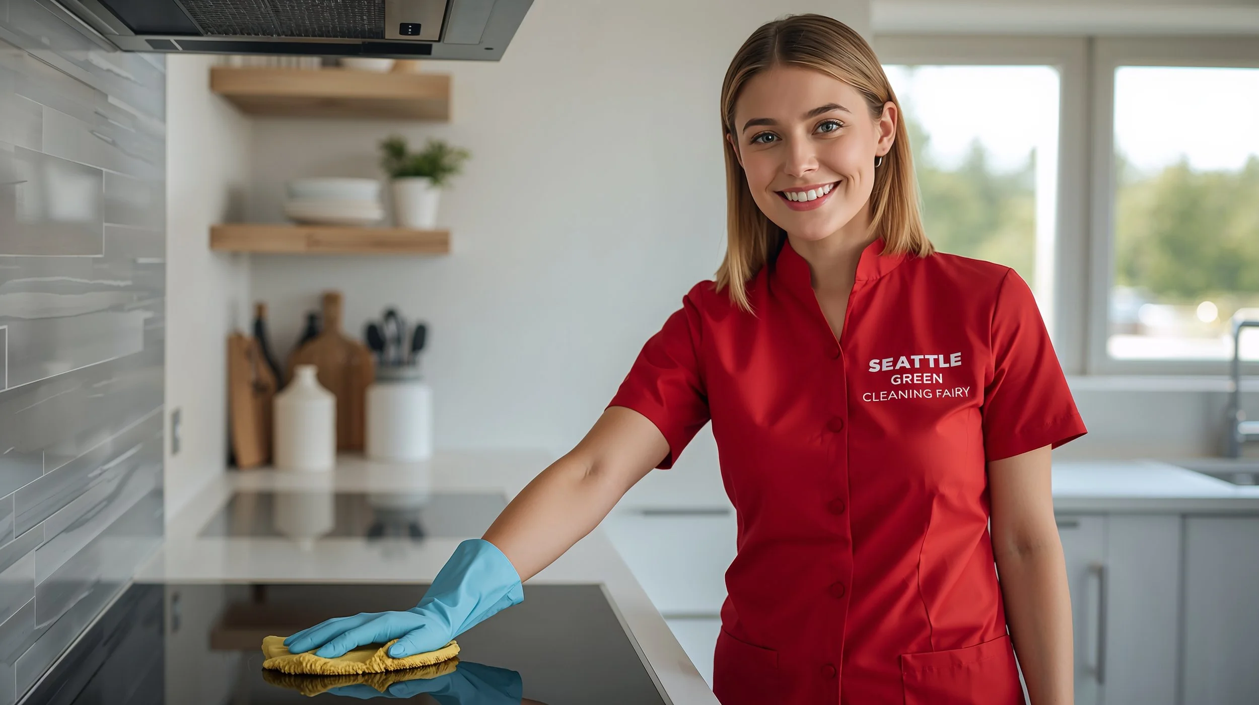 Seattle Green Cleaning Fairy scrubbing stovetop in Sammamish Washington kitchen