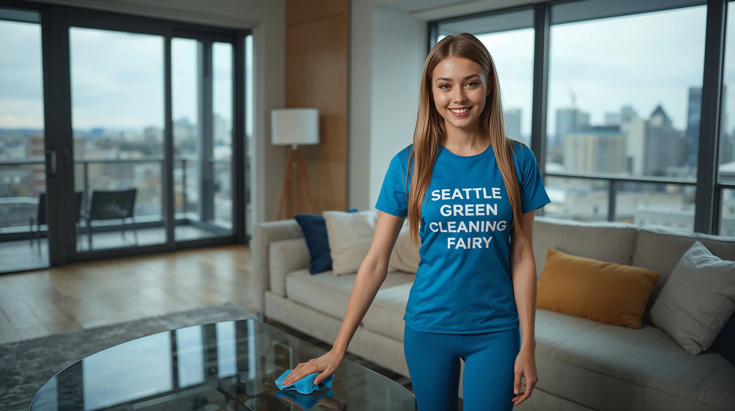 Professional recurring cleaning technician polishing glass table in luxury Seattle living room.