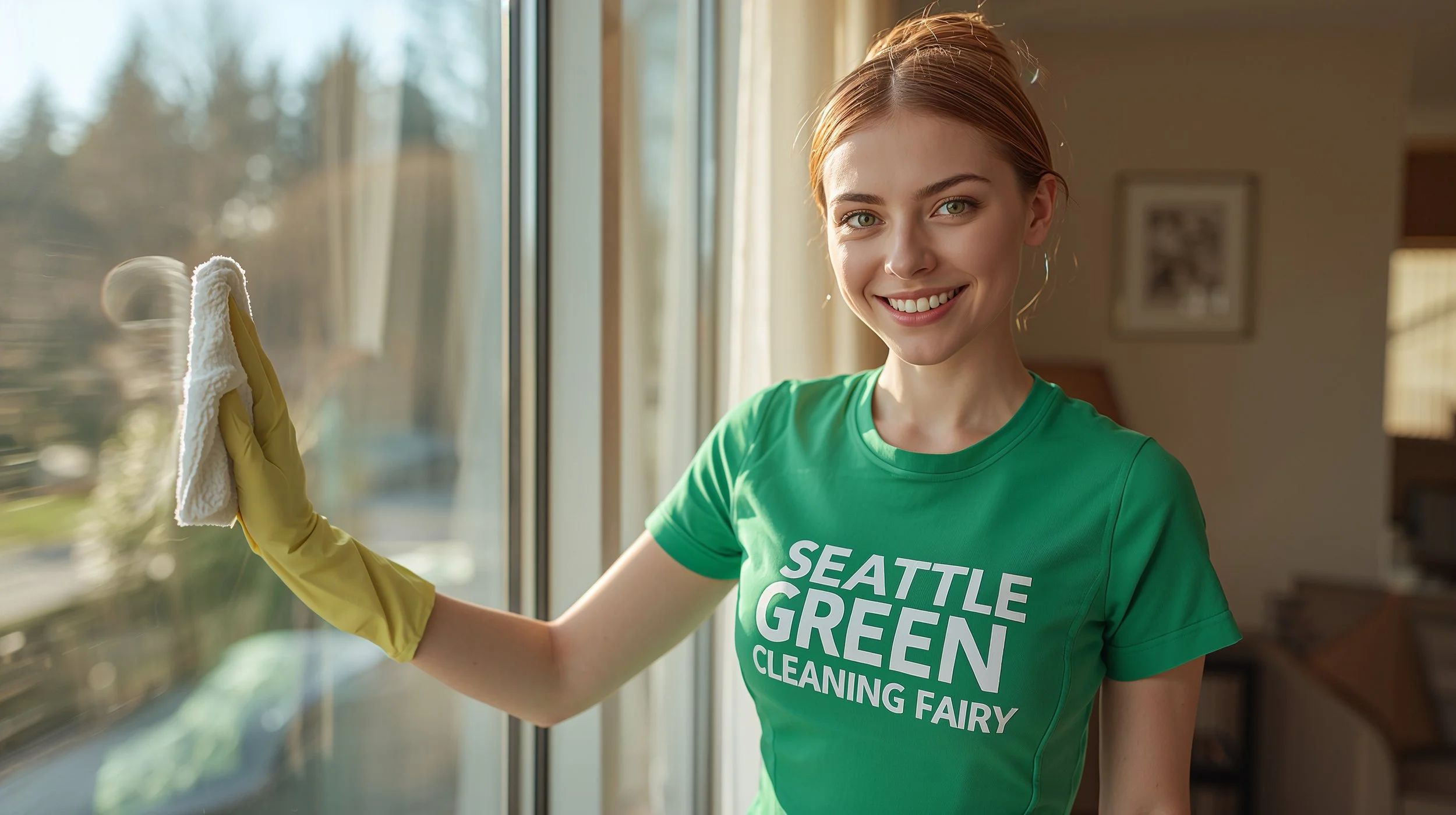 Upbeat Ukrainian cleaner in fitted green uniform polishing window in Green Lake Seattle living room for Seattle Green Cleaning Fairy services
