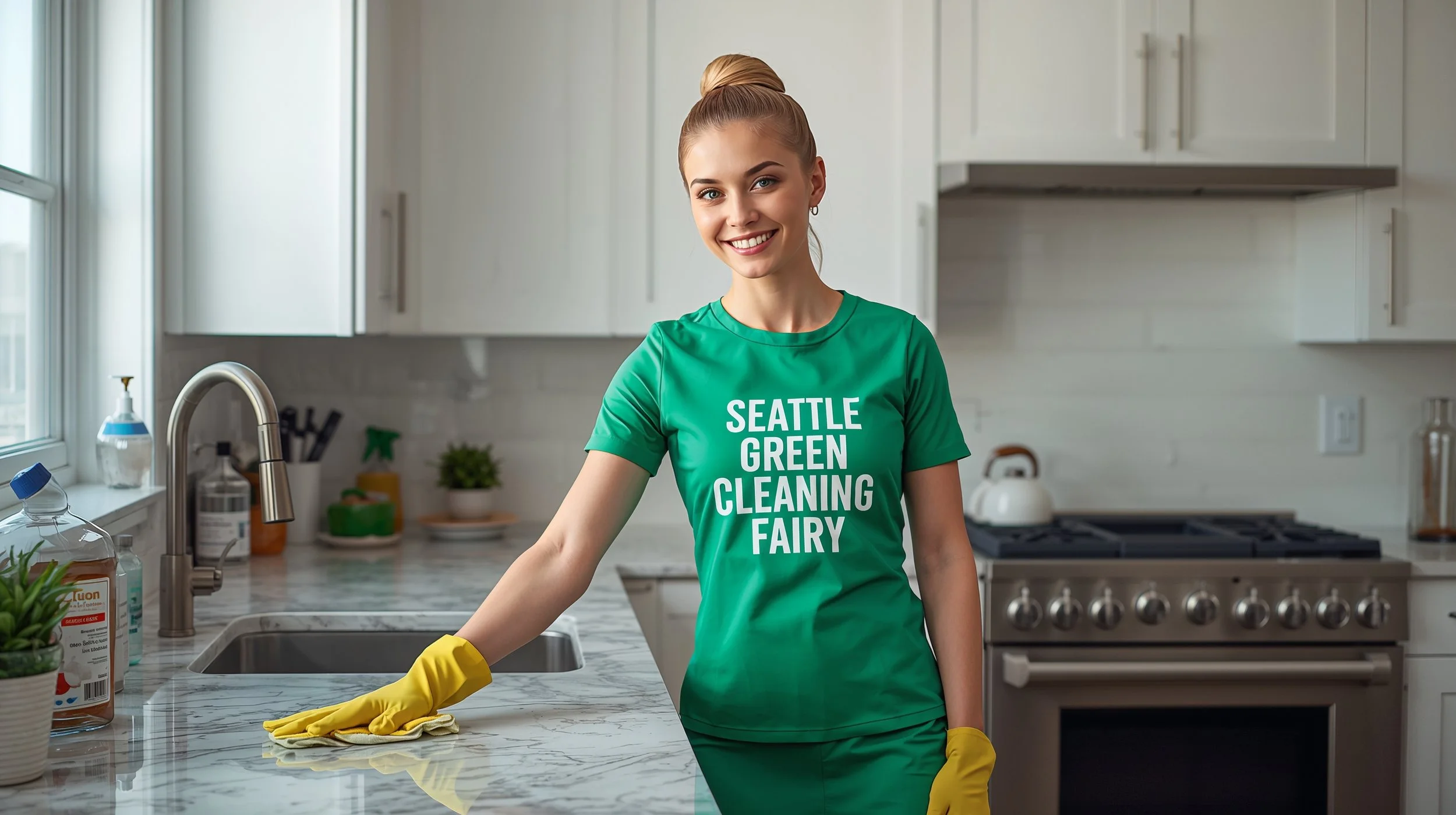 Seattle Green Cleaning Fairy cleaning kitchen countertops in a West Seattle home