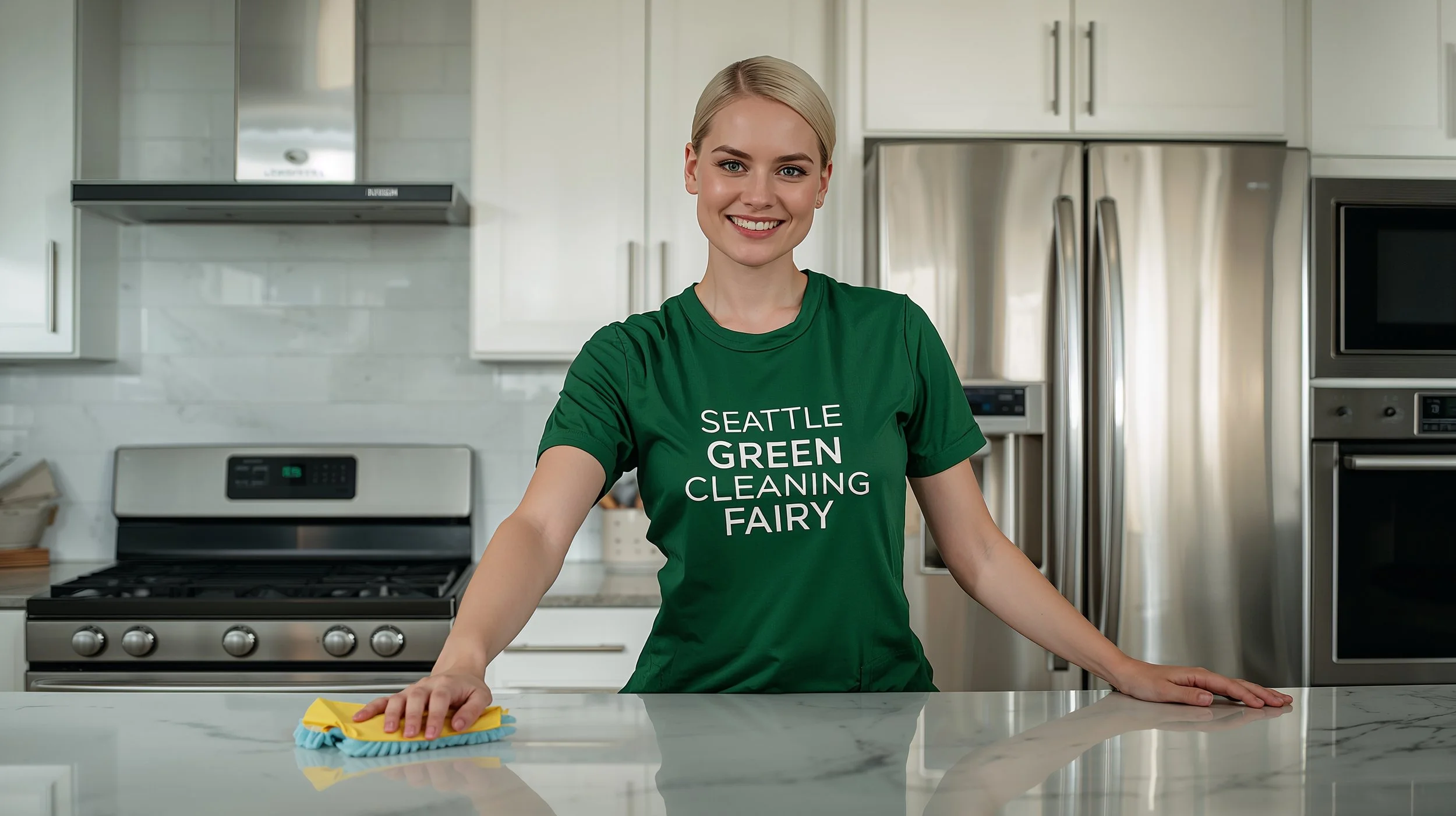 Seattle Green Cleaning Fairy cleaner performing kitchen cleaning in Leschi Seattle home