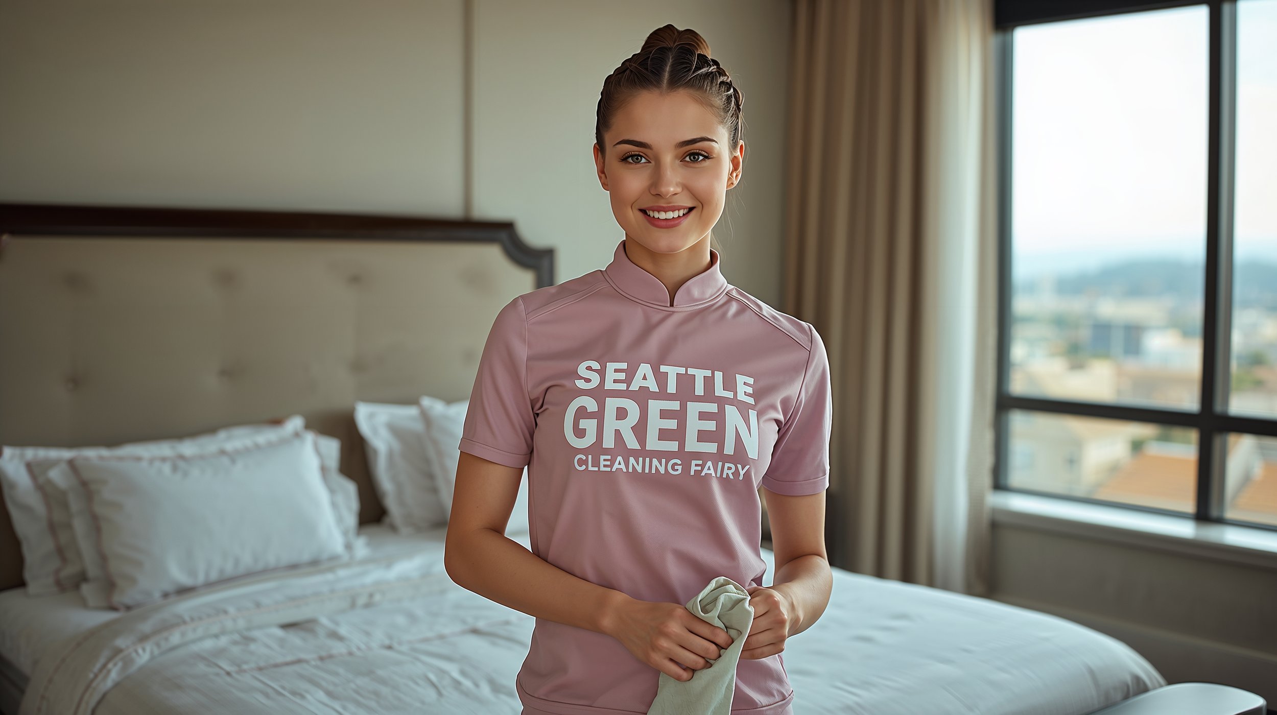 Professional cleaner presenting freshly cleaned bedroom in Seattle
