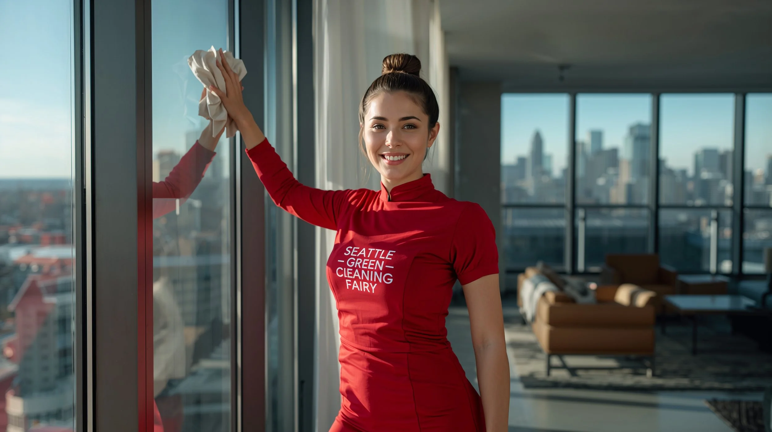 Professional cleaner wiping interior windows inside a Bellevue penthouse apartment during a same-day cleaning service.