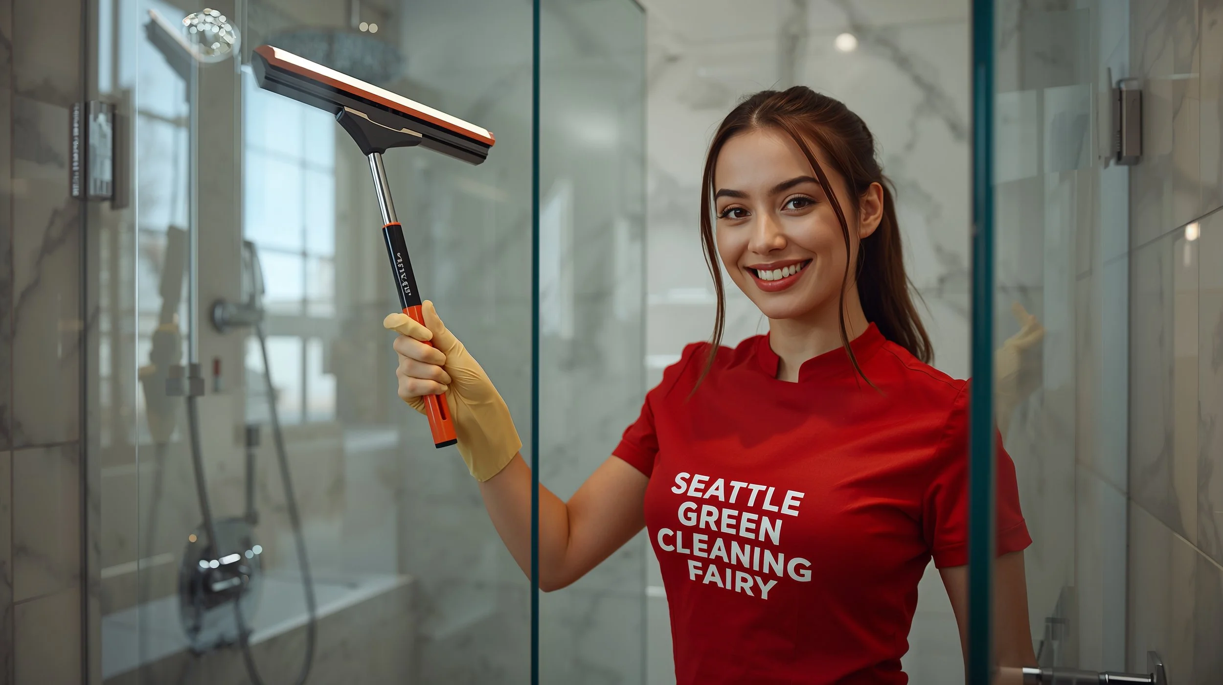 Airbnb bathroom cleaner polishing glass shower in upscale Bellevue rental property.