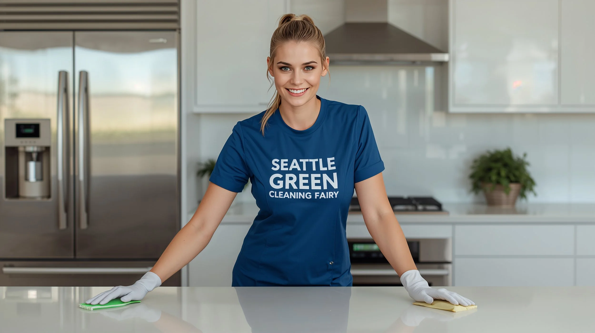 Professional Seattle Green Cleaning Fairy cleaner performing kitchen cleaning in Laurelhurst Seattle home