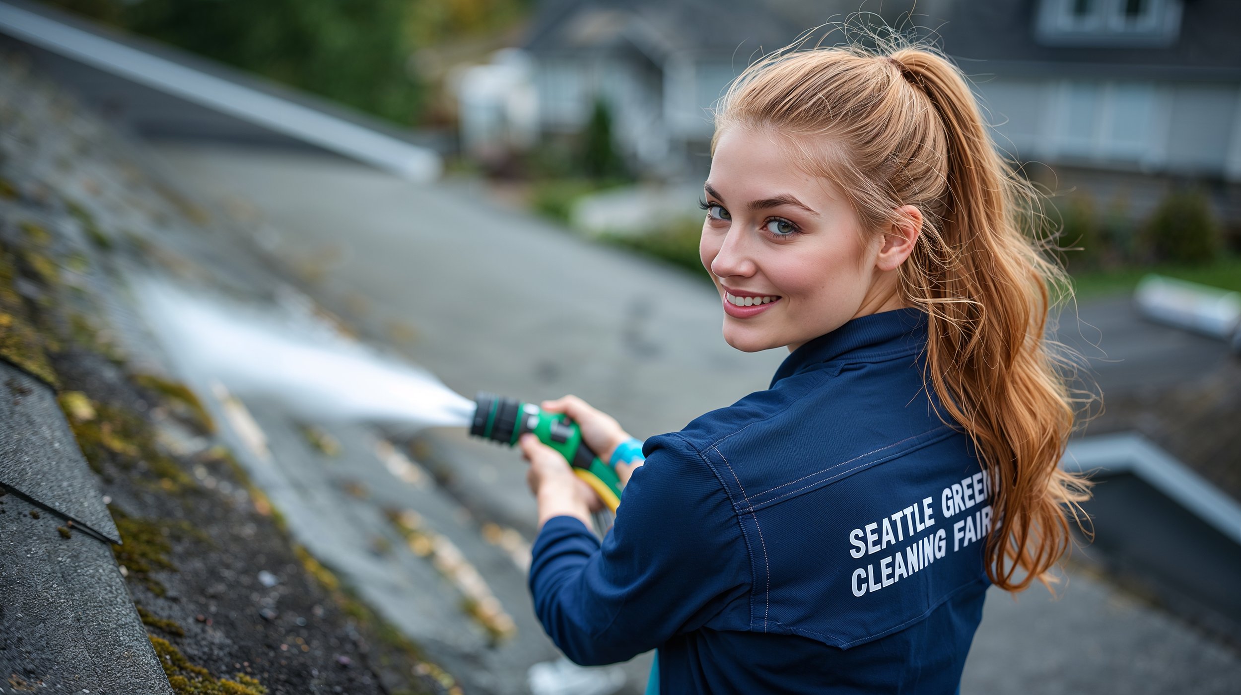 Roof cleaner rinsing cedar shingles on Seattle residential property.