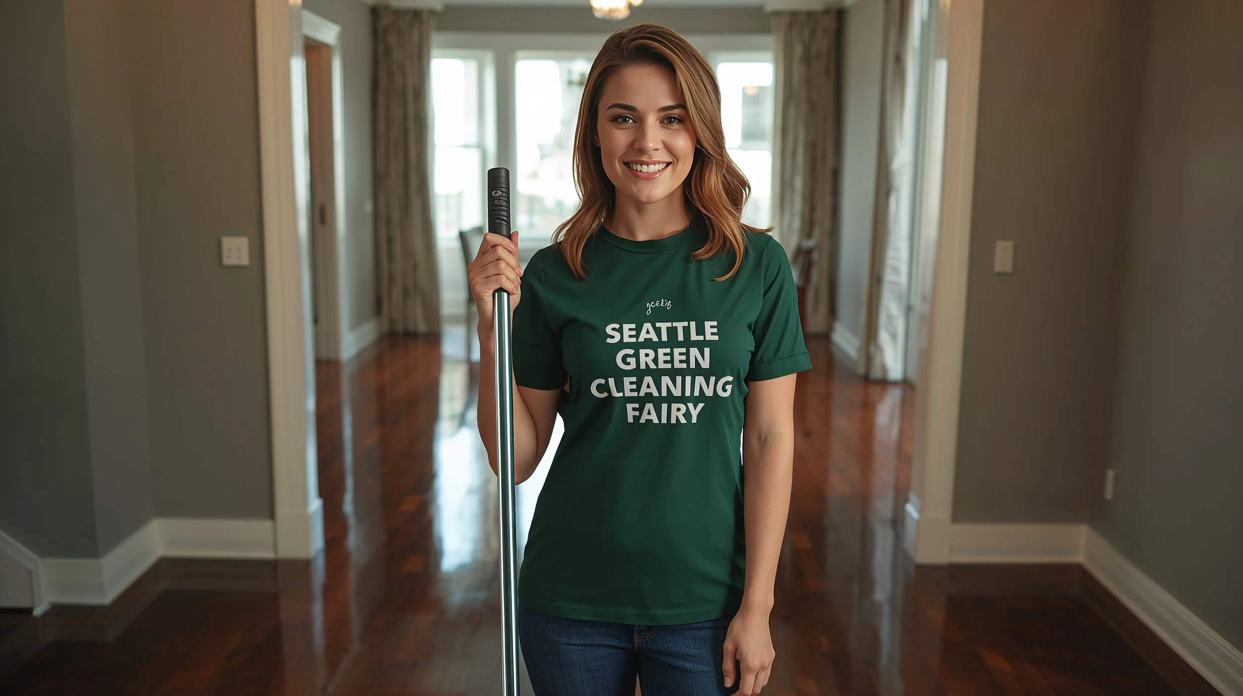 Cleaner posing with mop after polishing hardwood floors in Seattle townhouse.