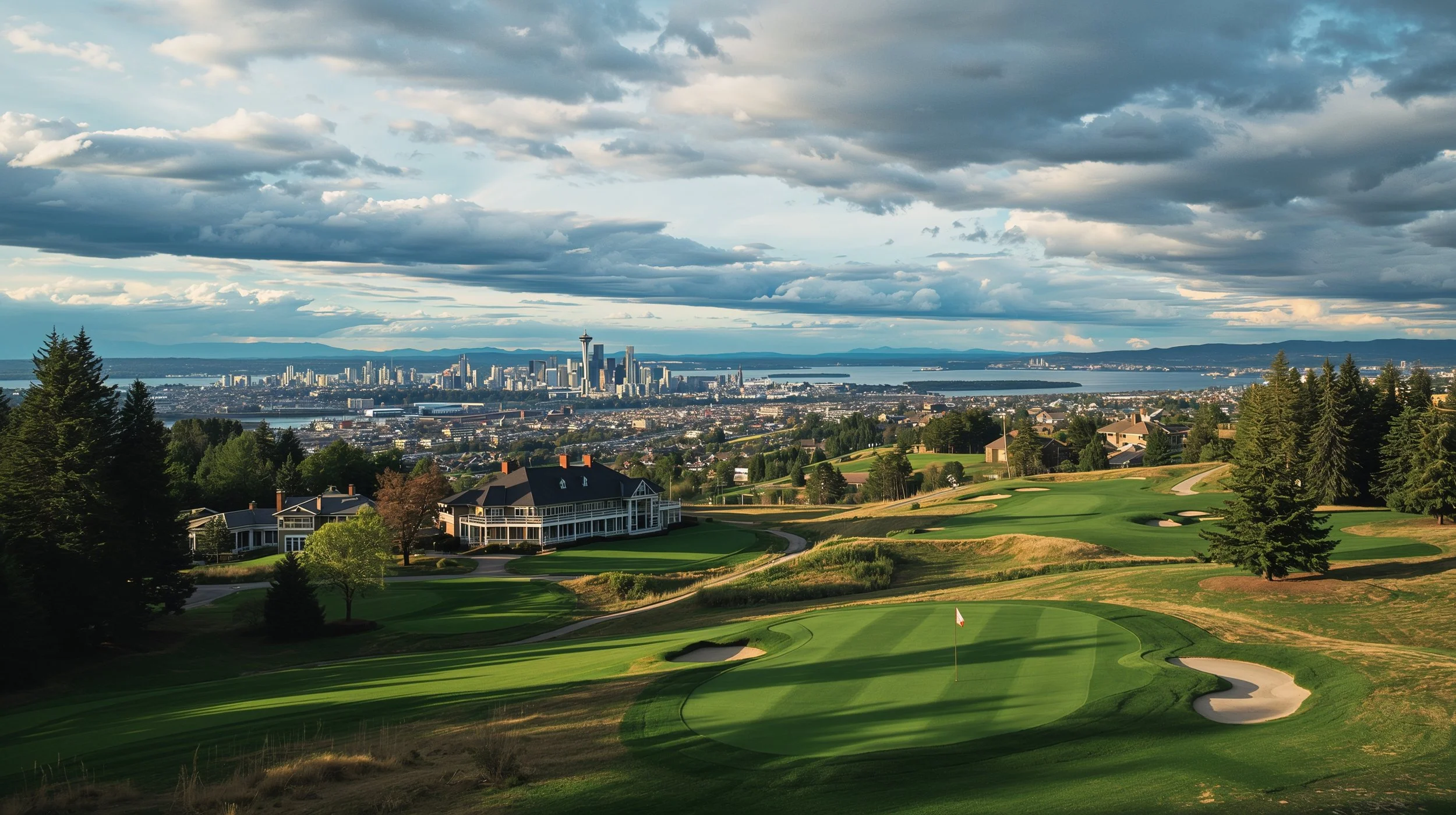 Newcastle Washington golf course with skyline and lake views