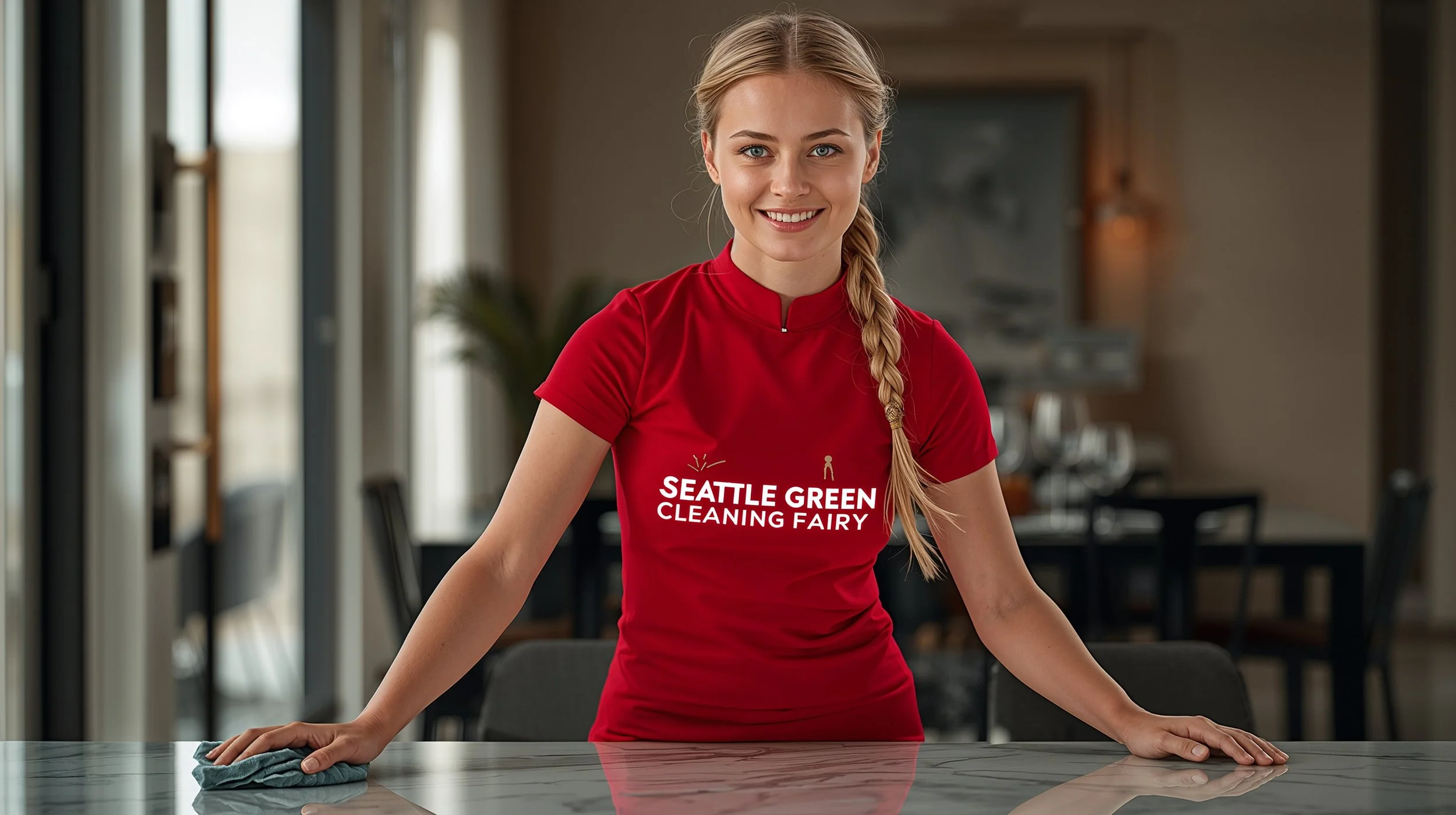 Seattle Green Cleaning Fairy polishing dining table in Lower Queen Anne