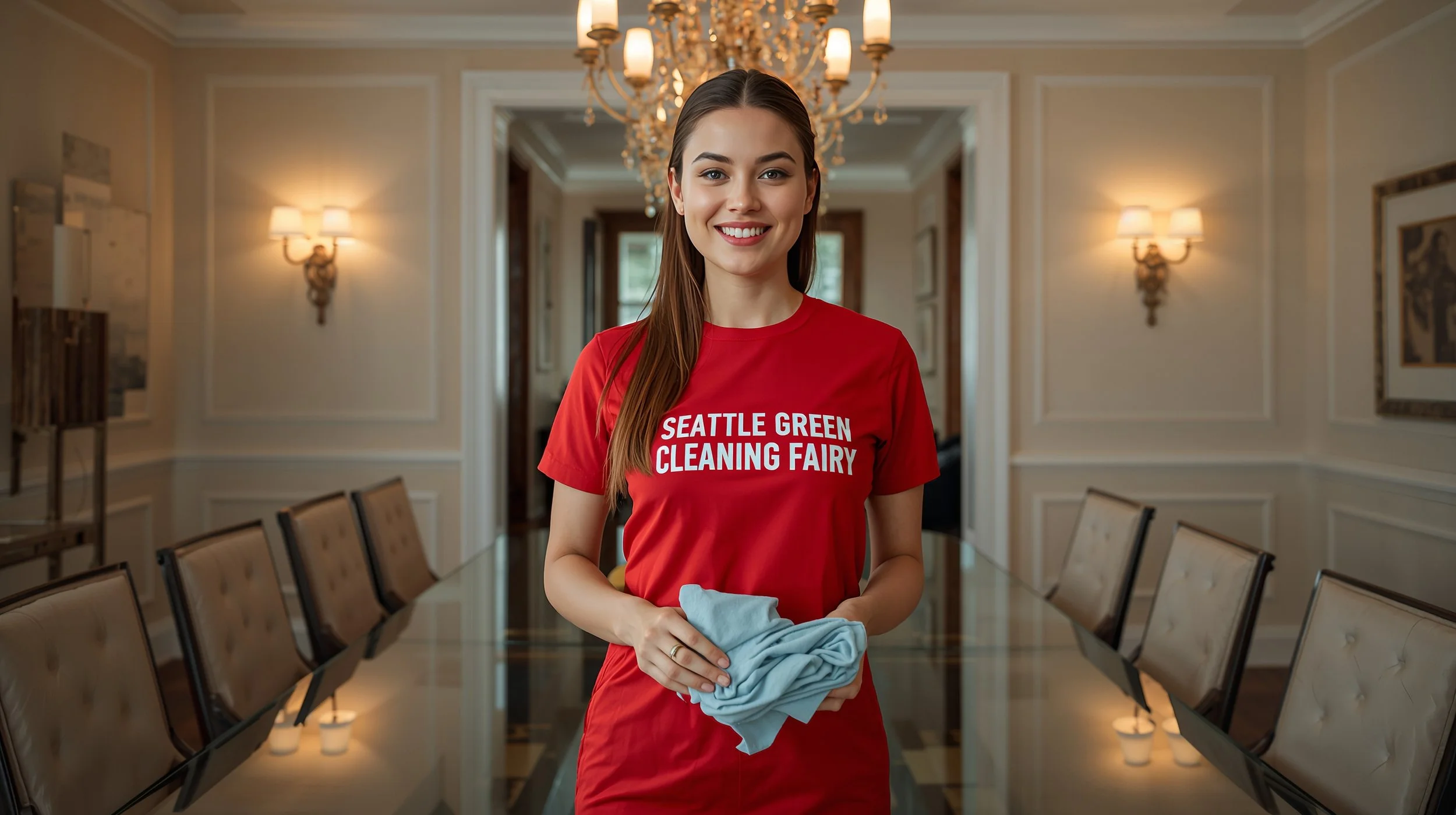 Professional cleaner standing beside a sparkling glass dining table after completing a same-day cleaning service in Bellevue.