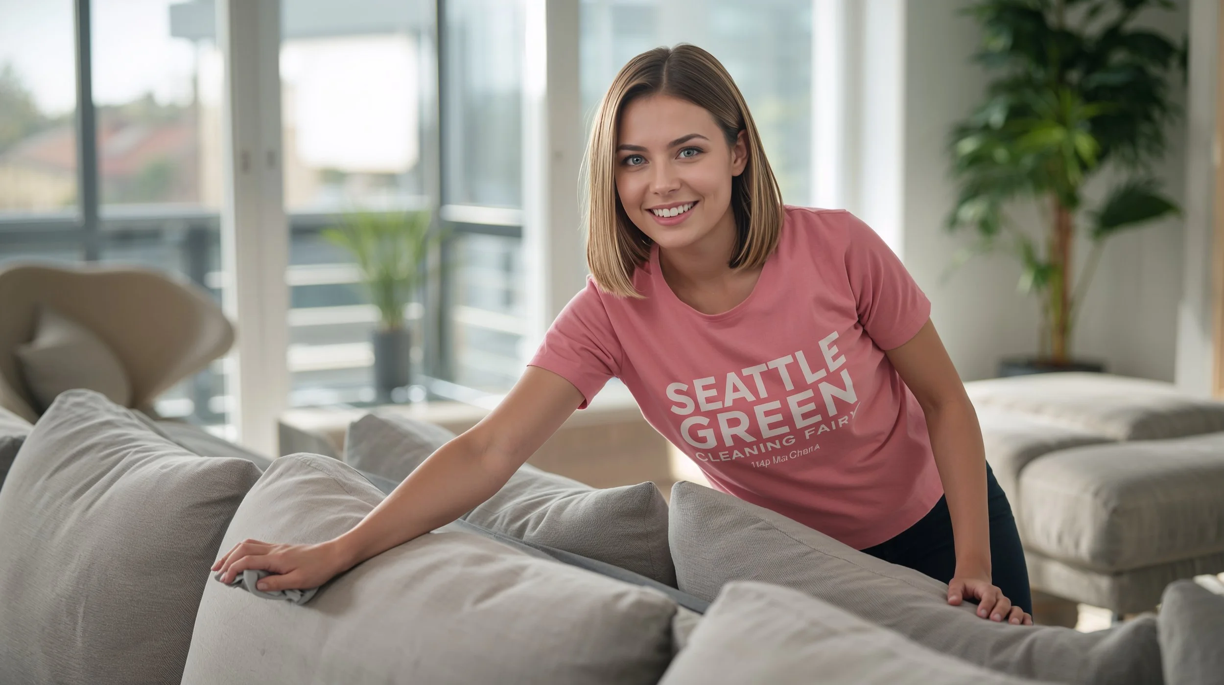 Professional cleaner refreshing sectional sofa in Seattle living room