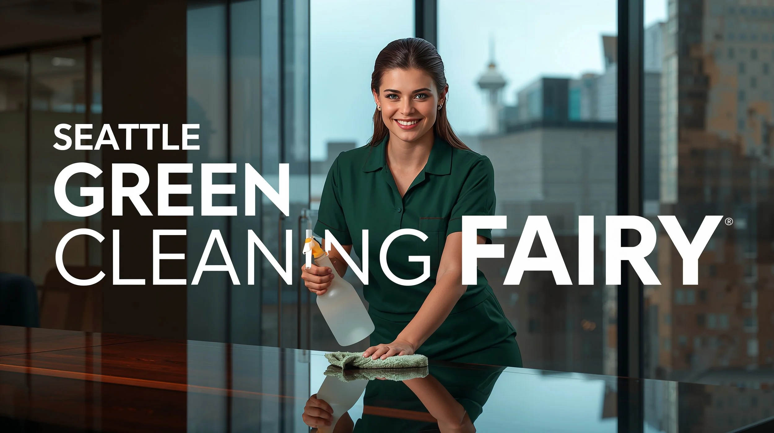 Professional cleaner disinfecting office desk during Covid-19 cleaning in Seattle