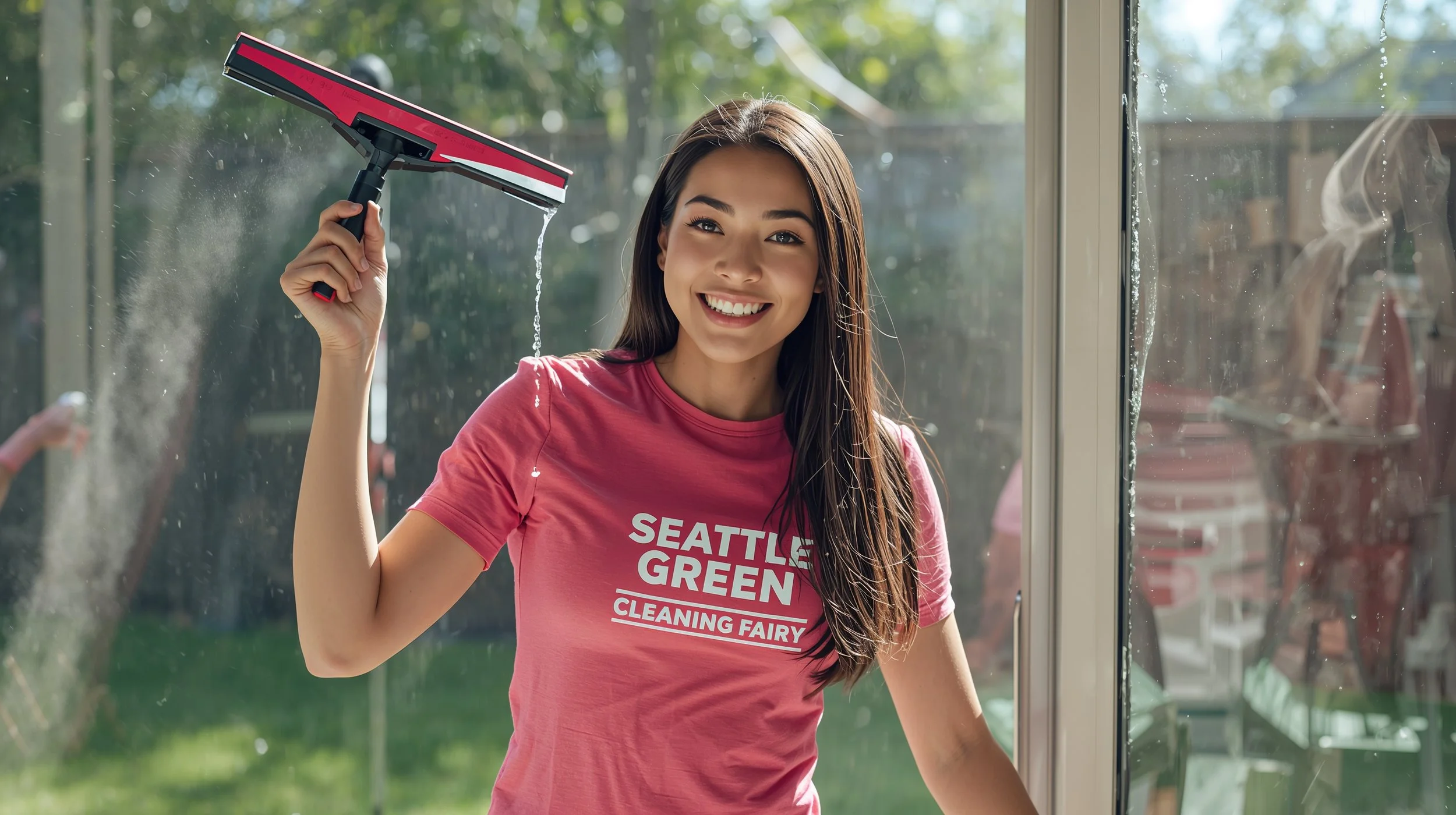 Young woman cleaning sliding glass patio door at Seattle home with clear reflections