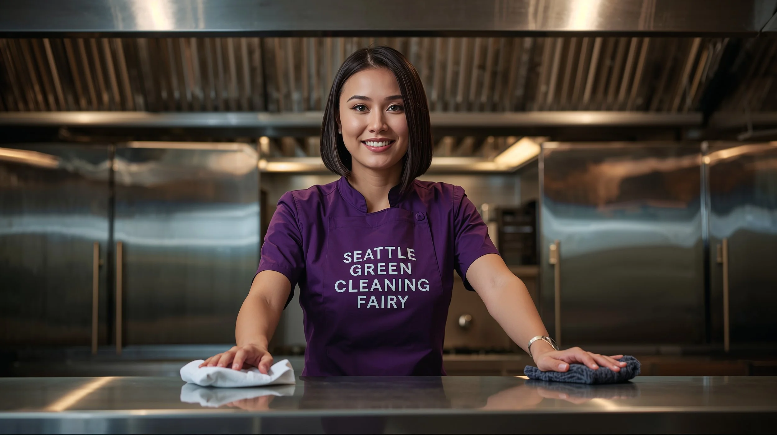 Smiling restaurant cleaner polishing stainless steel counters in Seattle commercial kitchen.