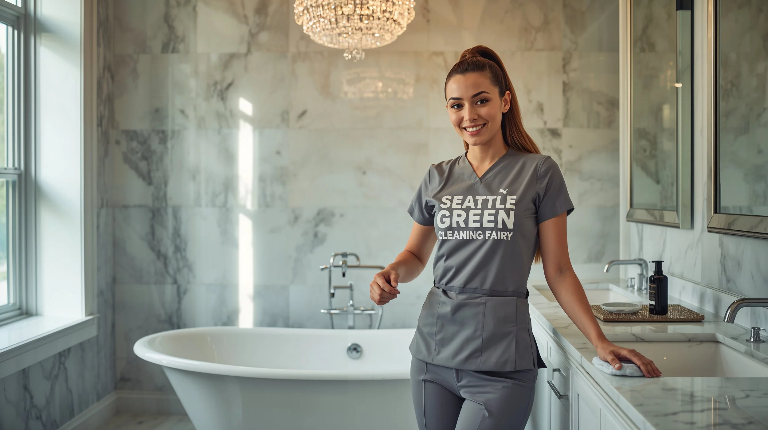Cleaner polishing luxury bathtub fixtures in a marble Bellevue bathroom