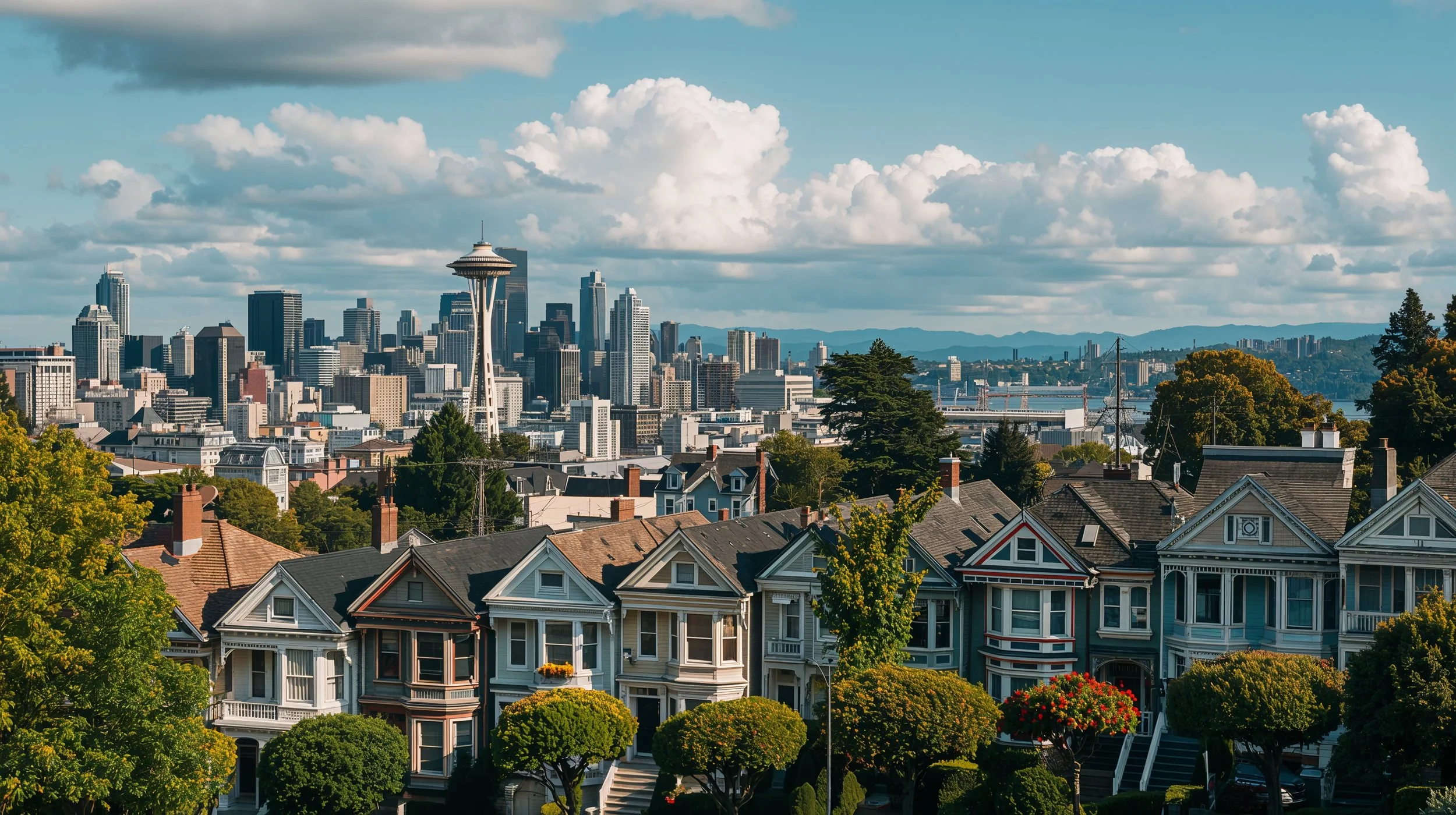 Queen Anne Seattle neighborhood with skyline and Space Needle view