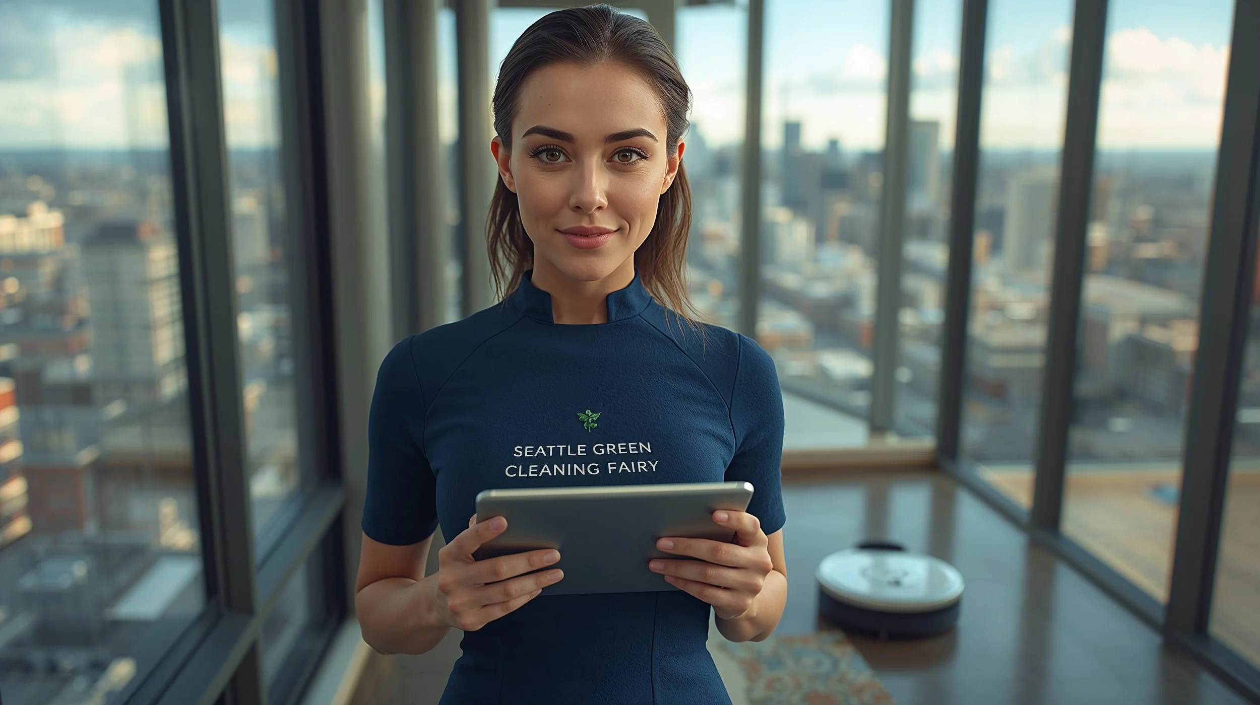 Professional cleaner monitoring a smart cleaning robot inside a Seattle apartment