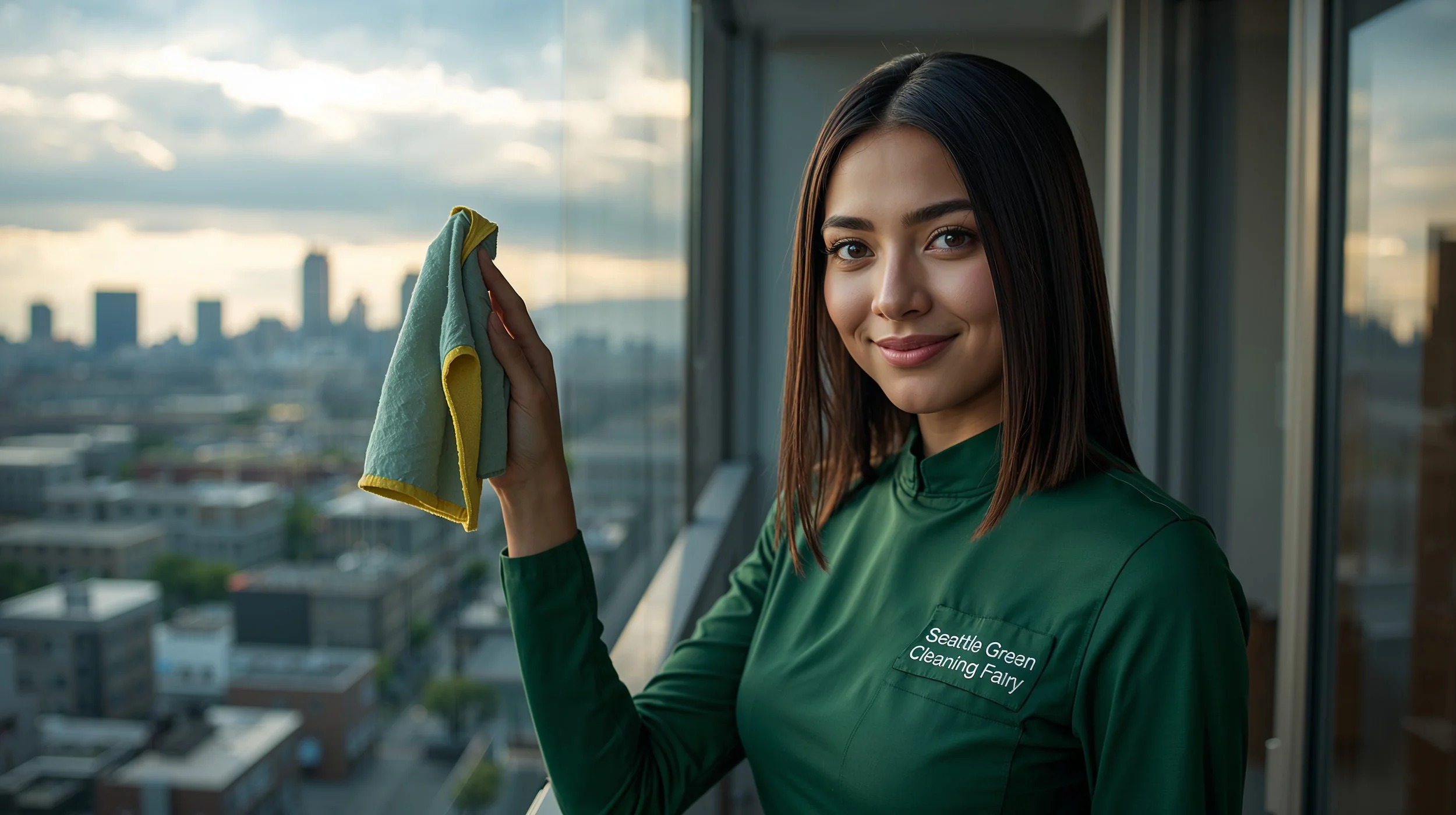 Female cleaner wiping Seattle condo balcony glass wearing green SEATTLE GREEN CLEANING FAIRY uniform