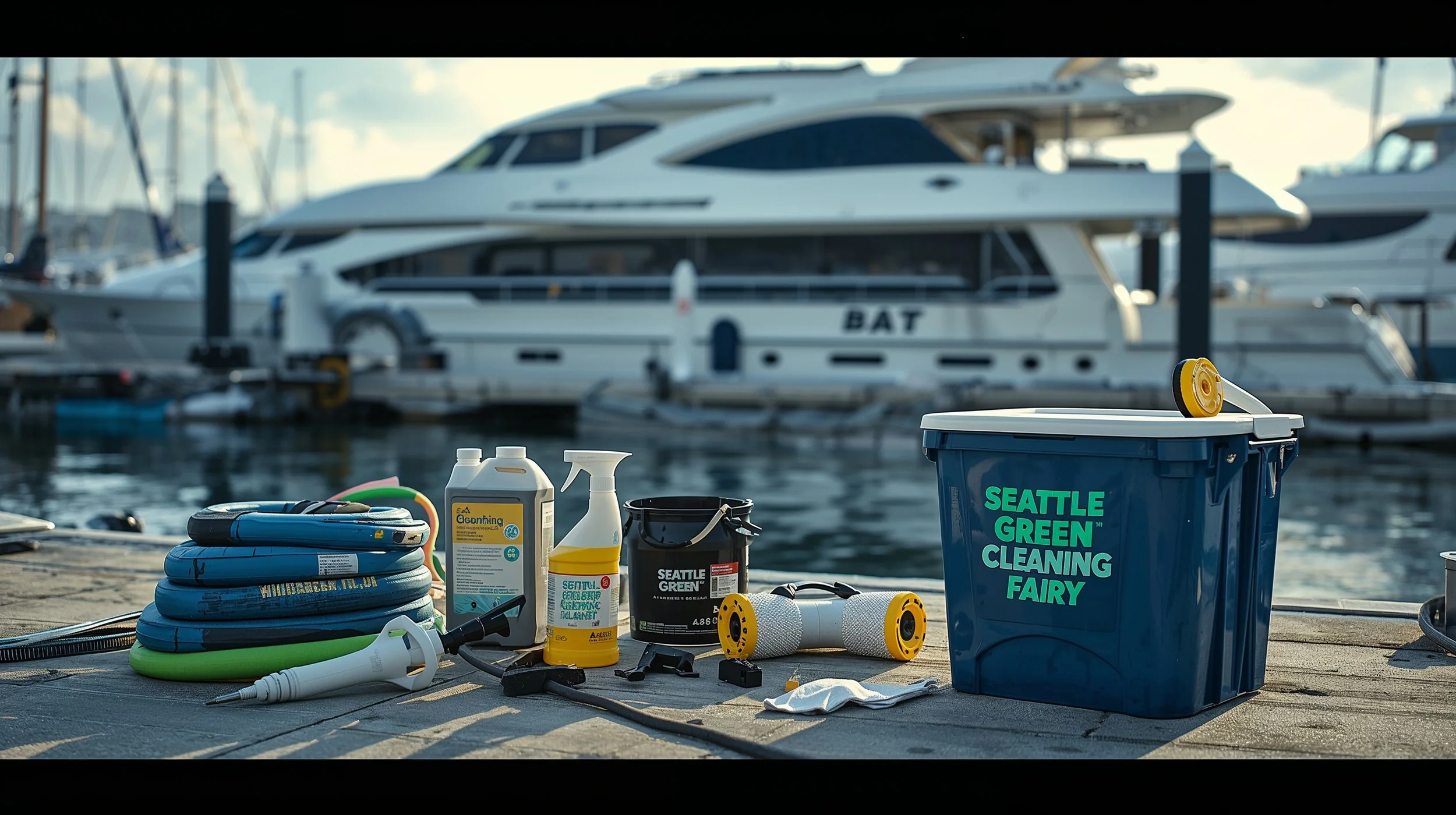 Seattle Green Cleaning Fairy branded boat cleaning equipment at marina