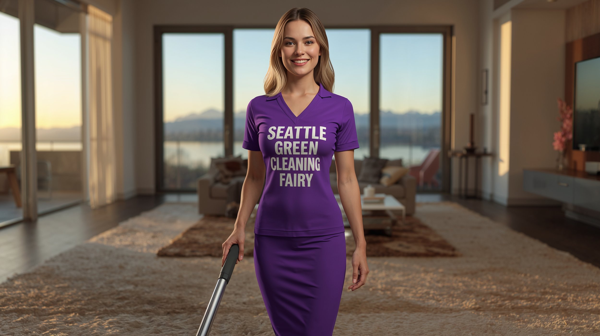 Upbeat Czech woman in bright purple Seattle Green Cleaning Fairy uniform vacuuming pristine great room in Medina waterfront home