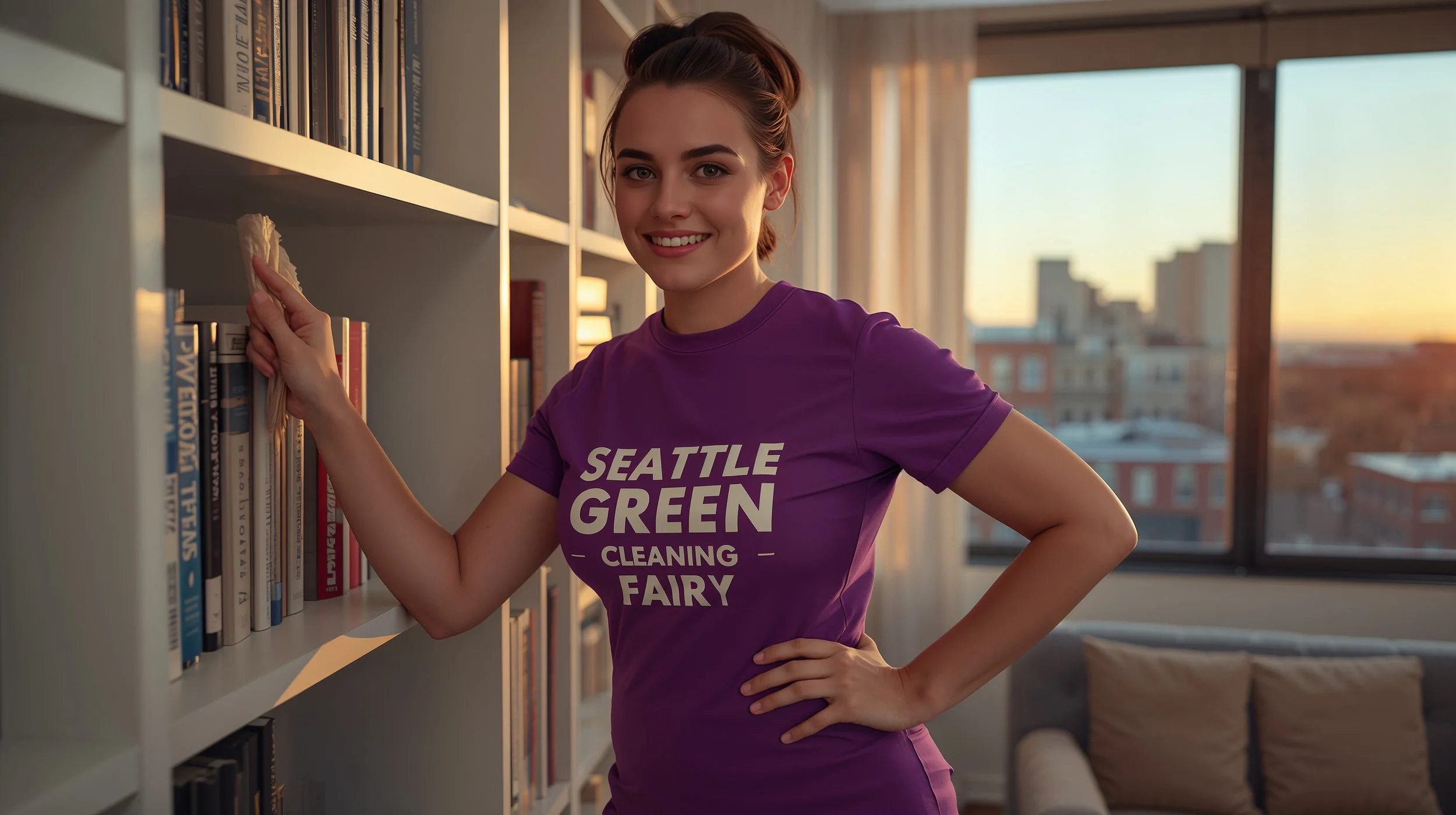 Upbeat Irish maid in branded purple outfit dusting shelves in clean Belltown Seattle home