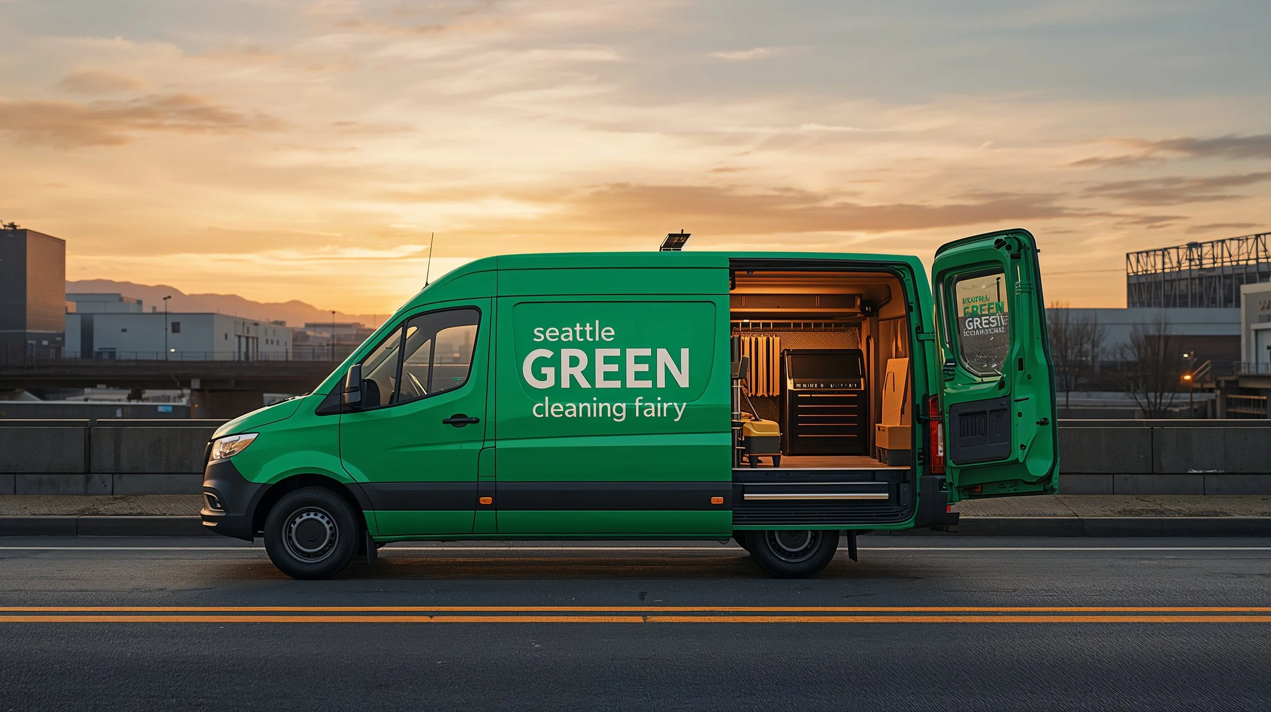 Seattle Green Cleaning Fairy branded van parked in SoDo Industrial District near stadiums